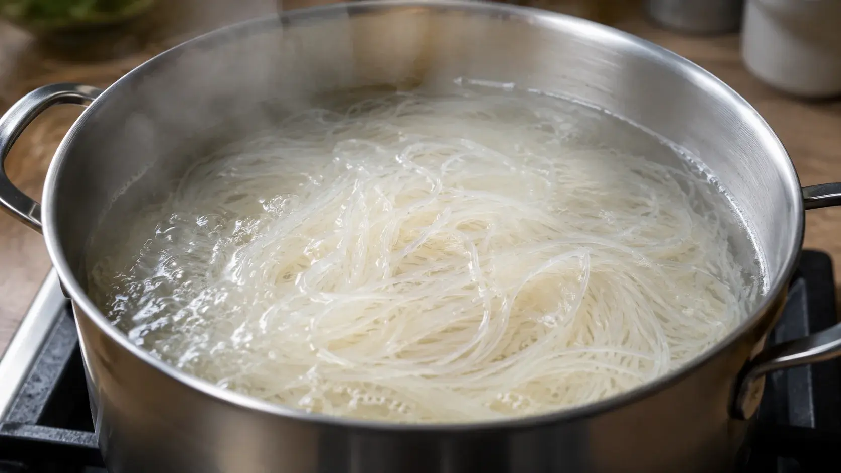Nouilles de riz translucides en train de cuire dans une grande casserole d'eau frémissante, vue de dessus