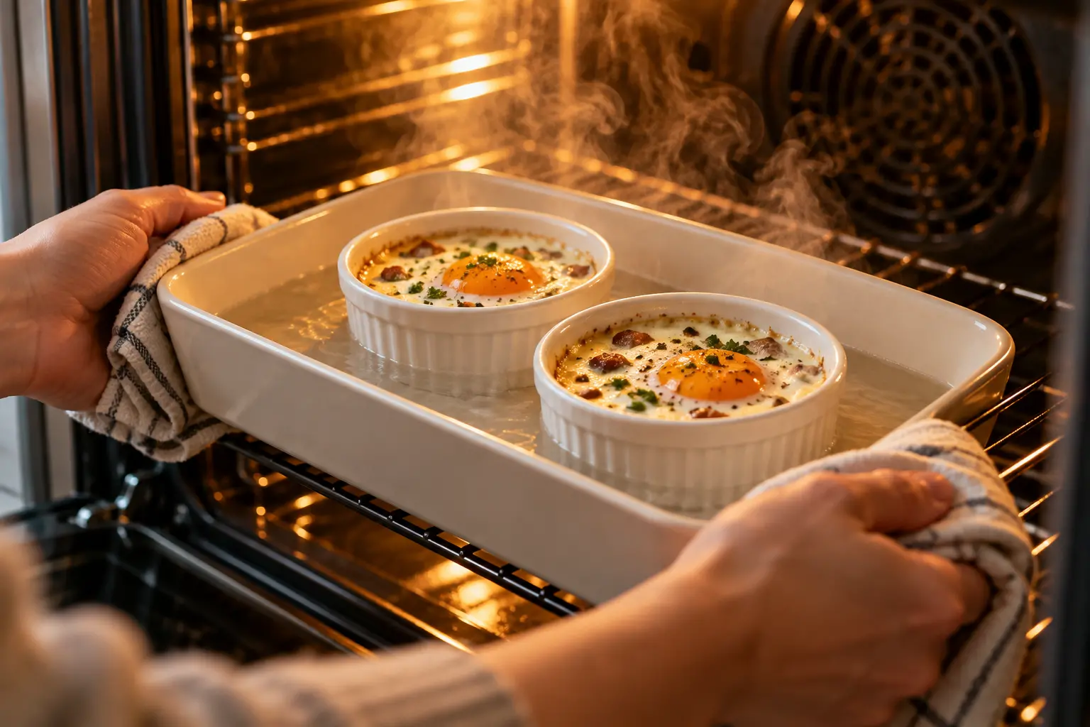 Deux ramequins d'œufs cocotte dans un plat à gratin rempli d'eau, en train d'être glissés dans le four