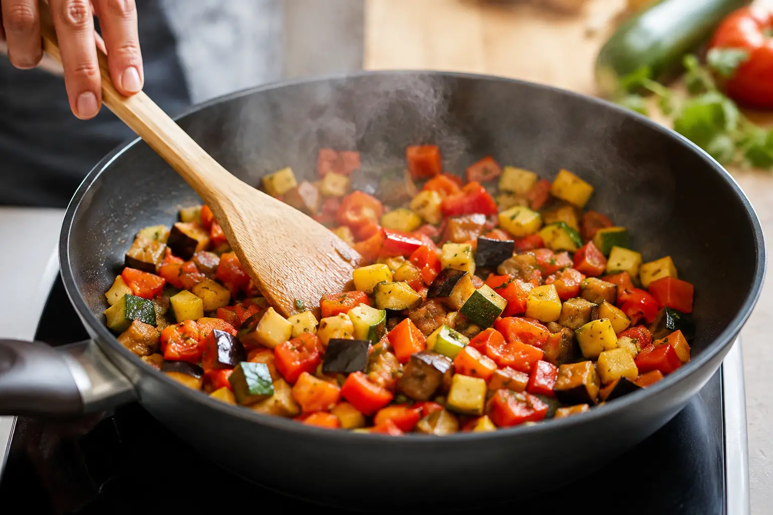 Légumes de ratatouille en train de revenir dans une poêle avec une spatule en bois