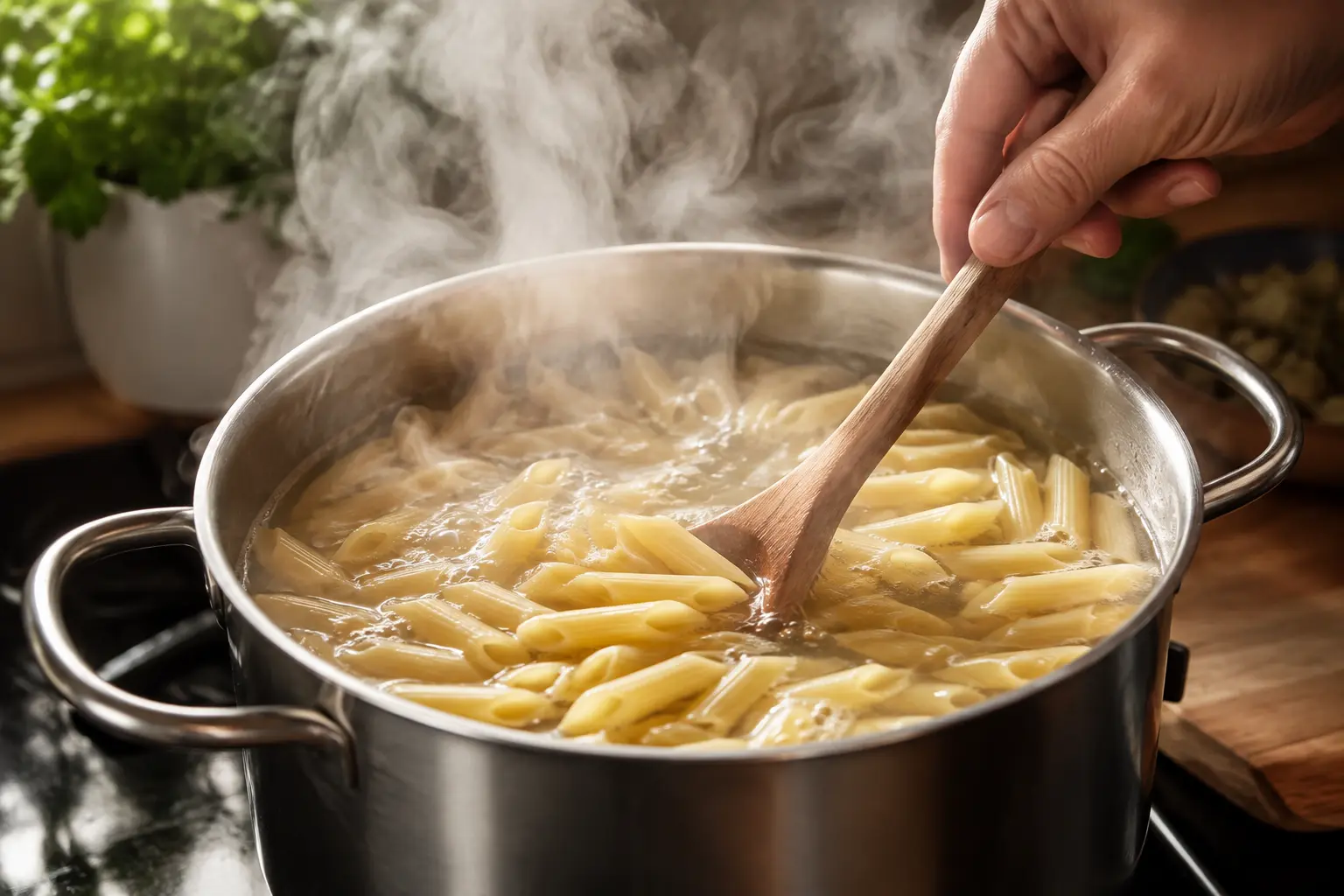 Pâtes en train de cuire dans une casserole d'eau bouillante