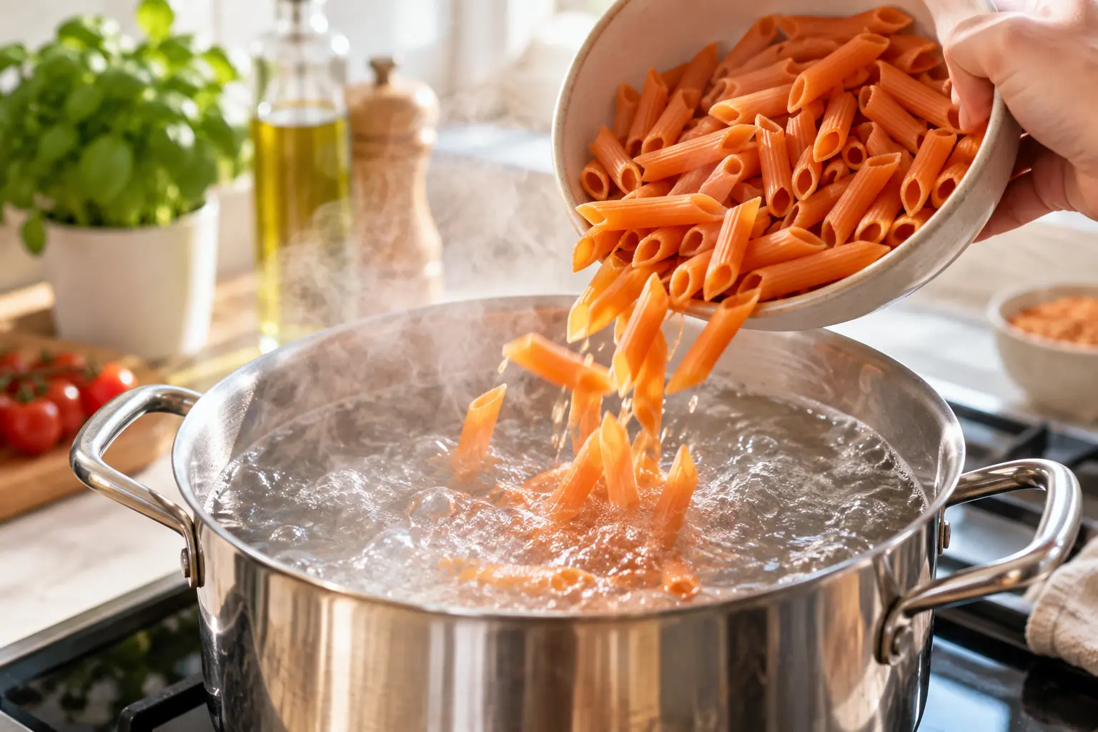 Pâtes protéinées en train de cuire dans une casserole d'eau bouillante