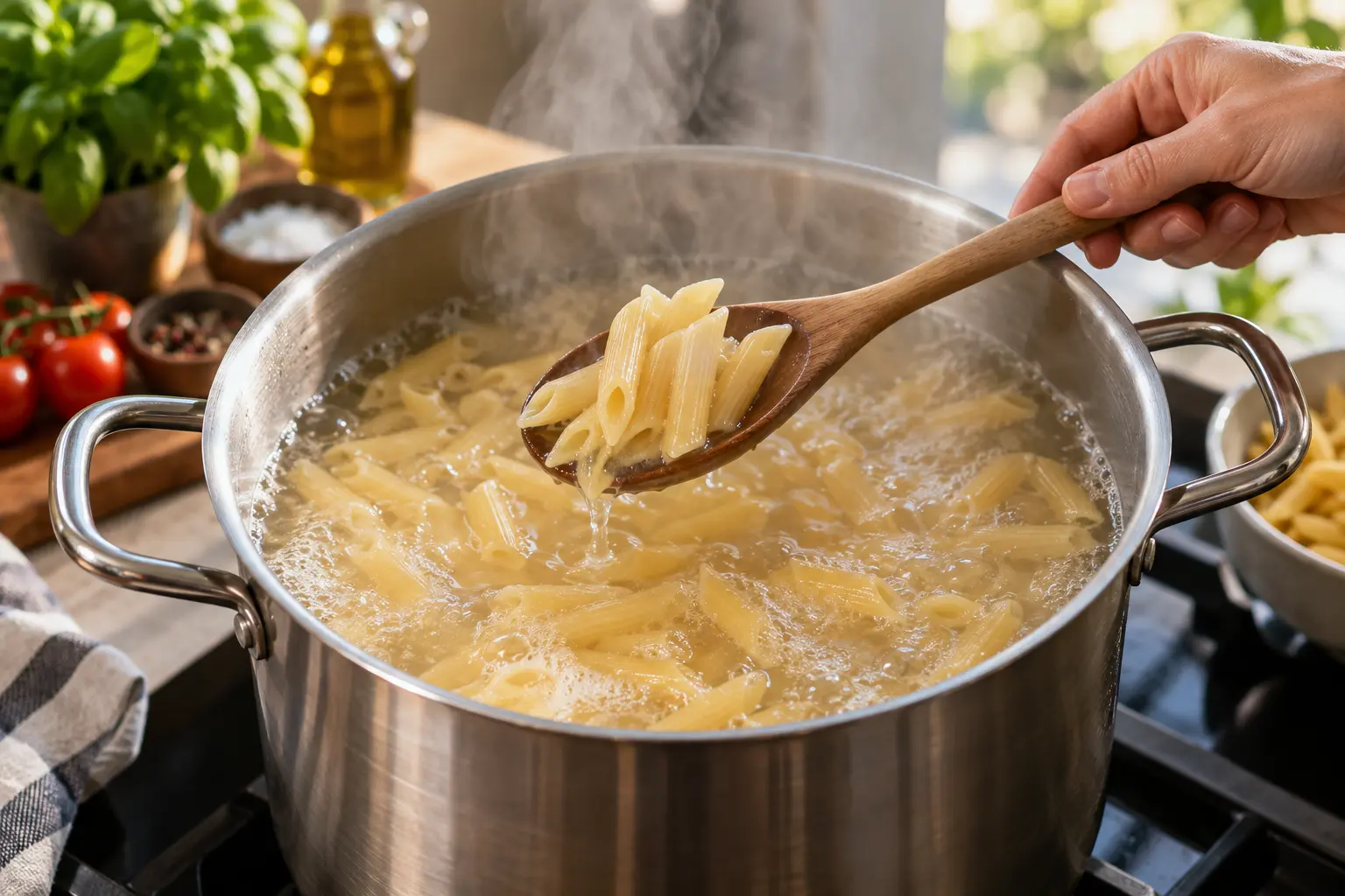 Pâtes en train de cuire dans une grande casserole d'eau bouillante