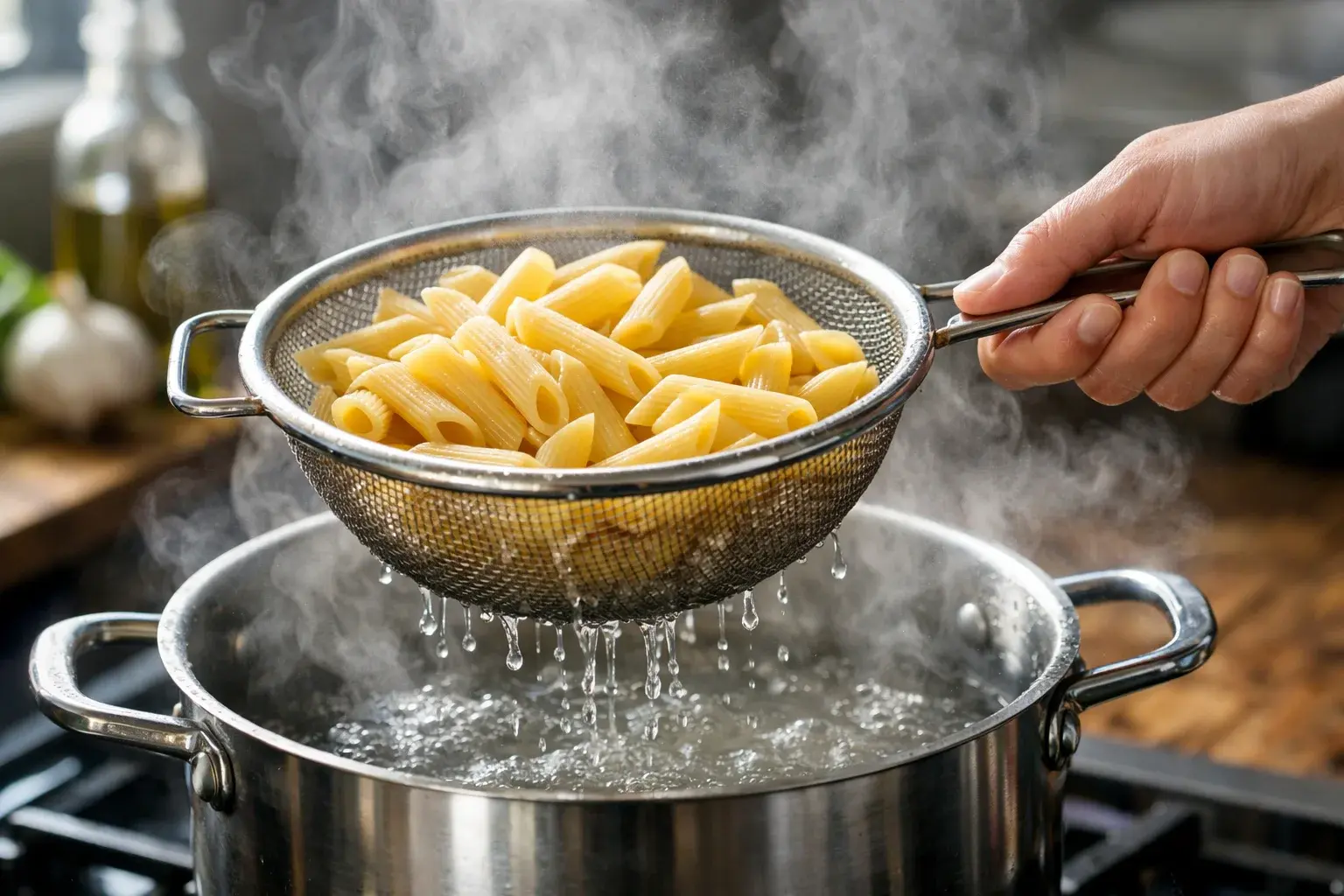 Penne rigate en train de cuire dans une grande casserole d'eau bouillante salée, passoire tenue au-dessus