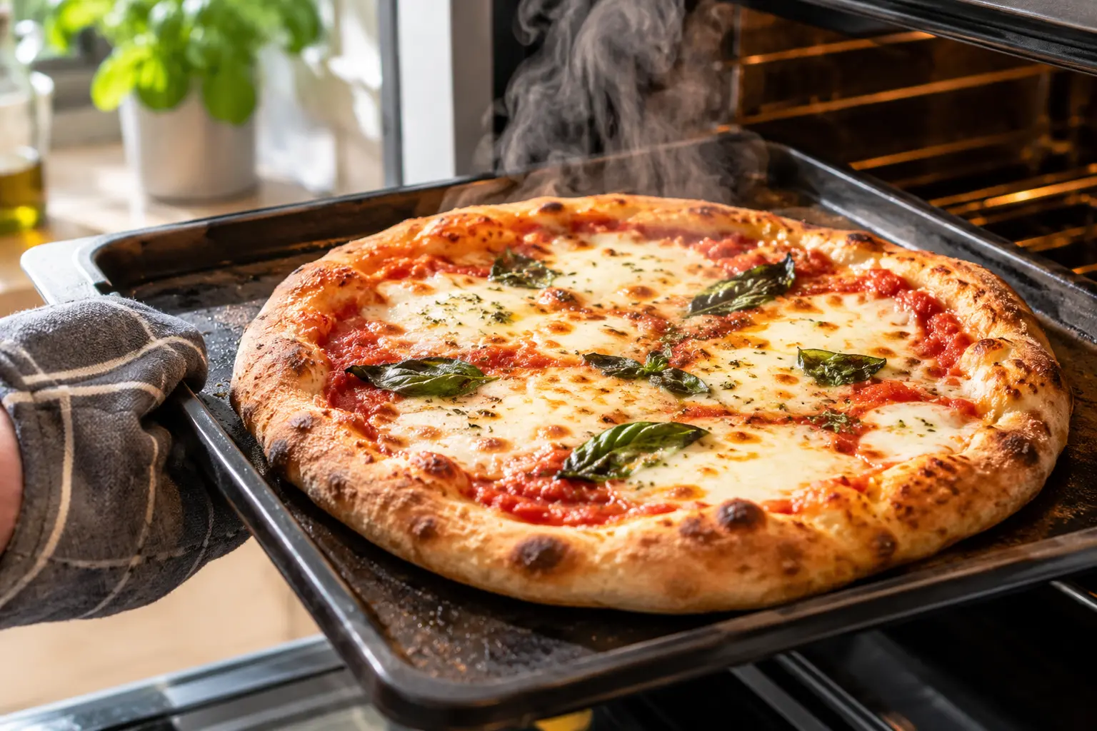 Pizza margherita au yaourt grec sortant du four avec mozzarella dorée et bulles