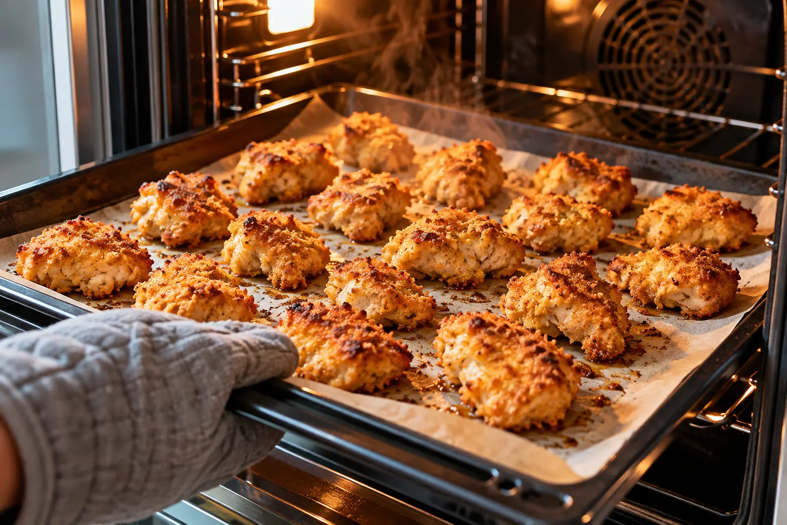 Morceaux de poulet panés en train de dorer sur une plaque dans le four