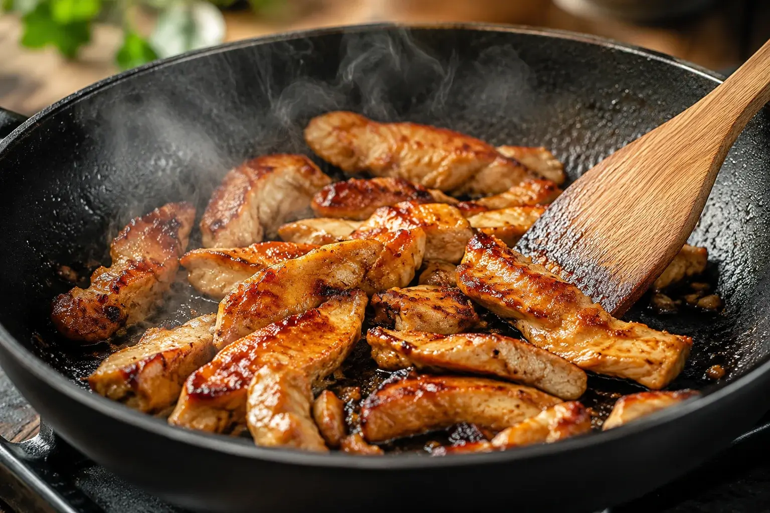 Lanières de poulet caramélisées en train de saisir dans une poêle noire chaude avec marques de coloration brun-doré apparentes et léger filet de fumée