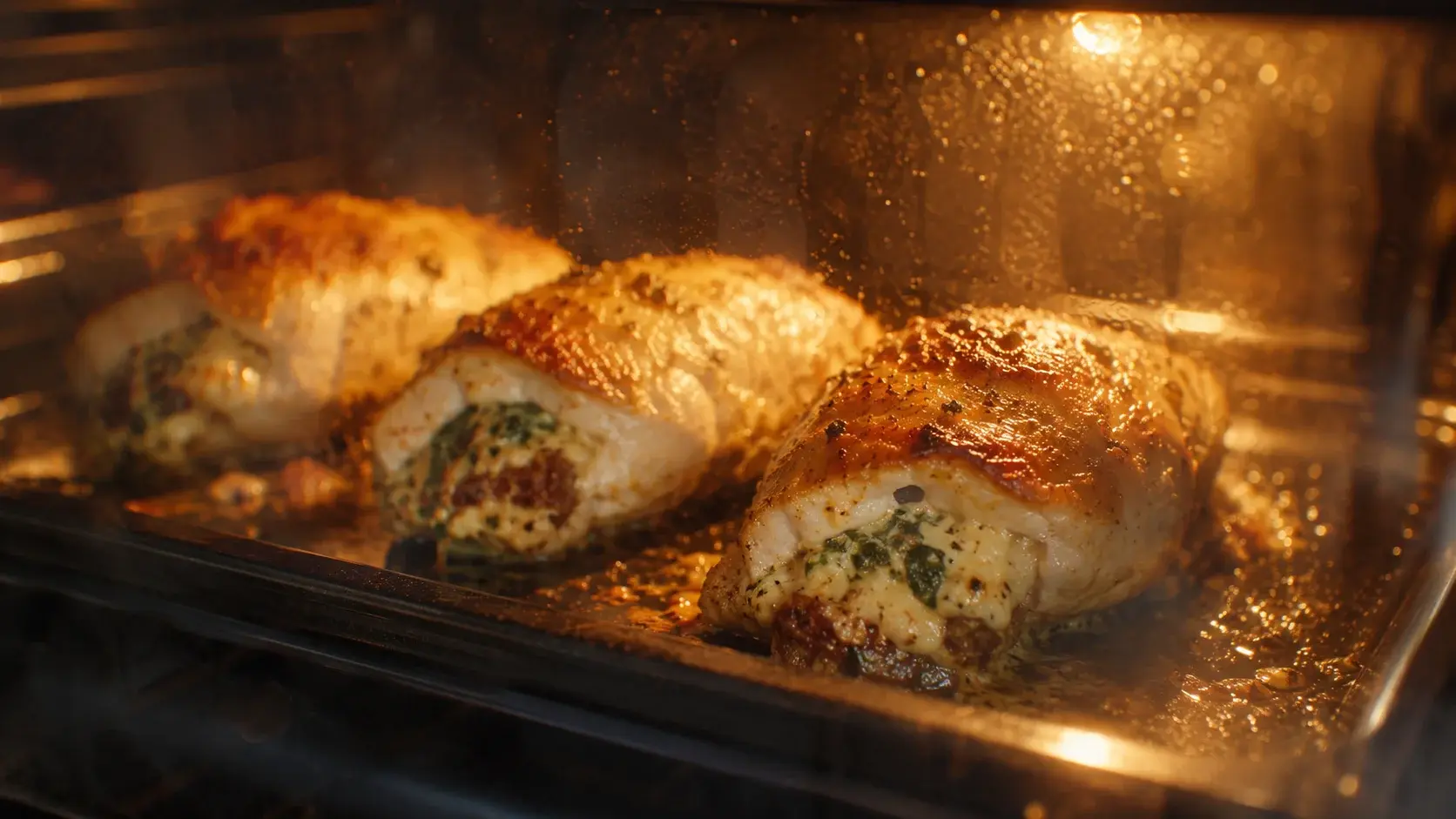 Blancs de poulet farcis en train de dorer sur une plaque de cuisson dans un four chaud, vue à travers la vitre