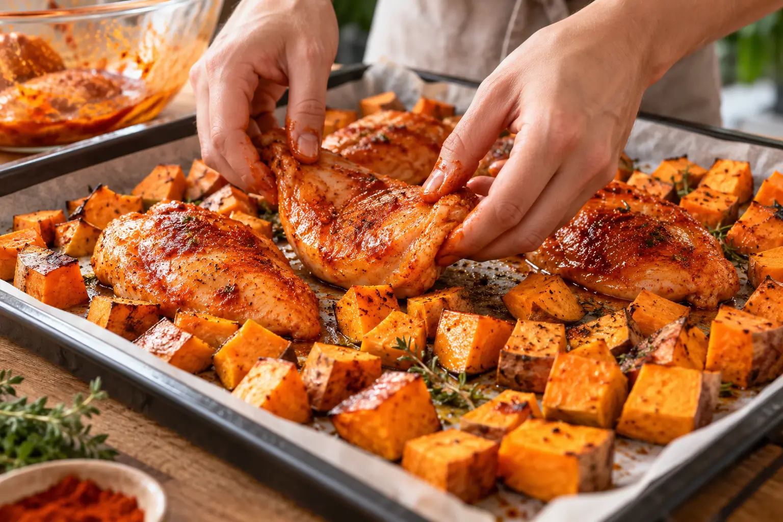 Blancs de poulet marinés au paprika fumé disposés sur la plaque entre les cubes de patates douces