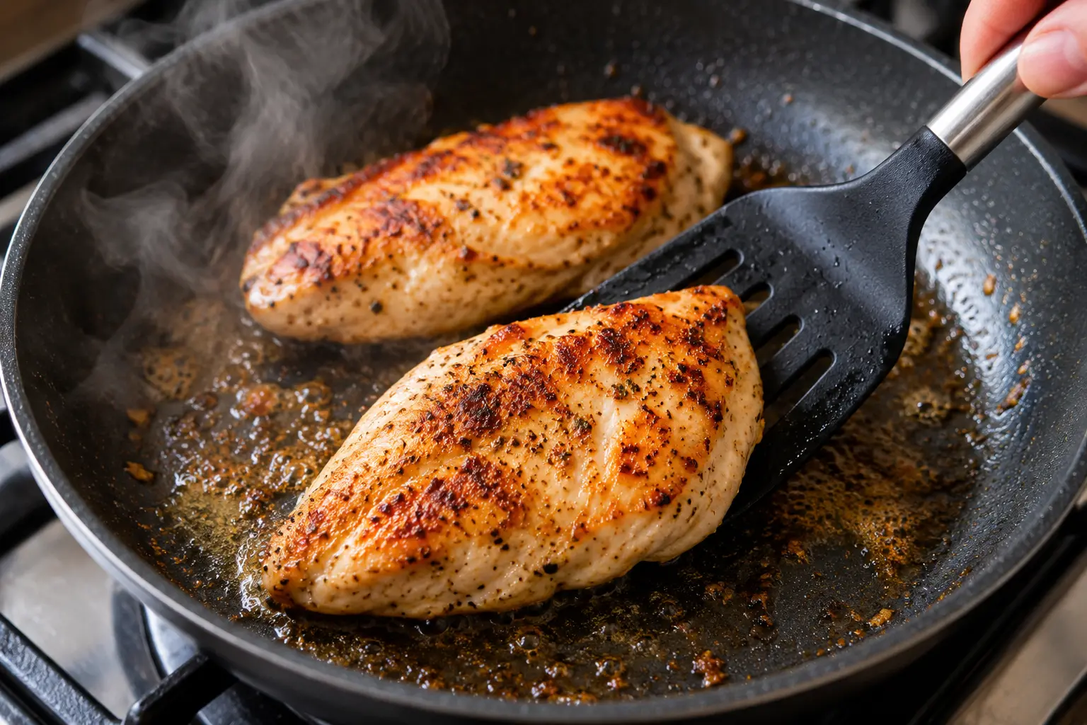 Blancs de poulet en train de griller dans une poêle, avec une spatule qui les retourne