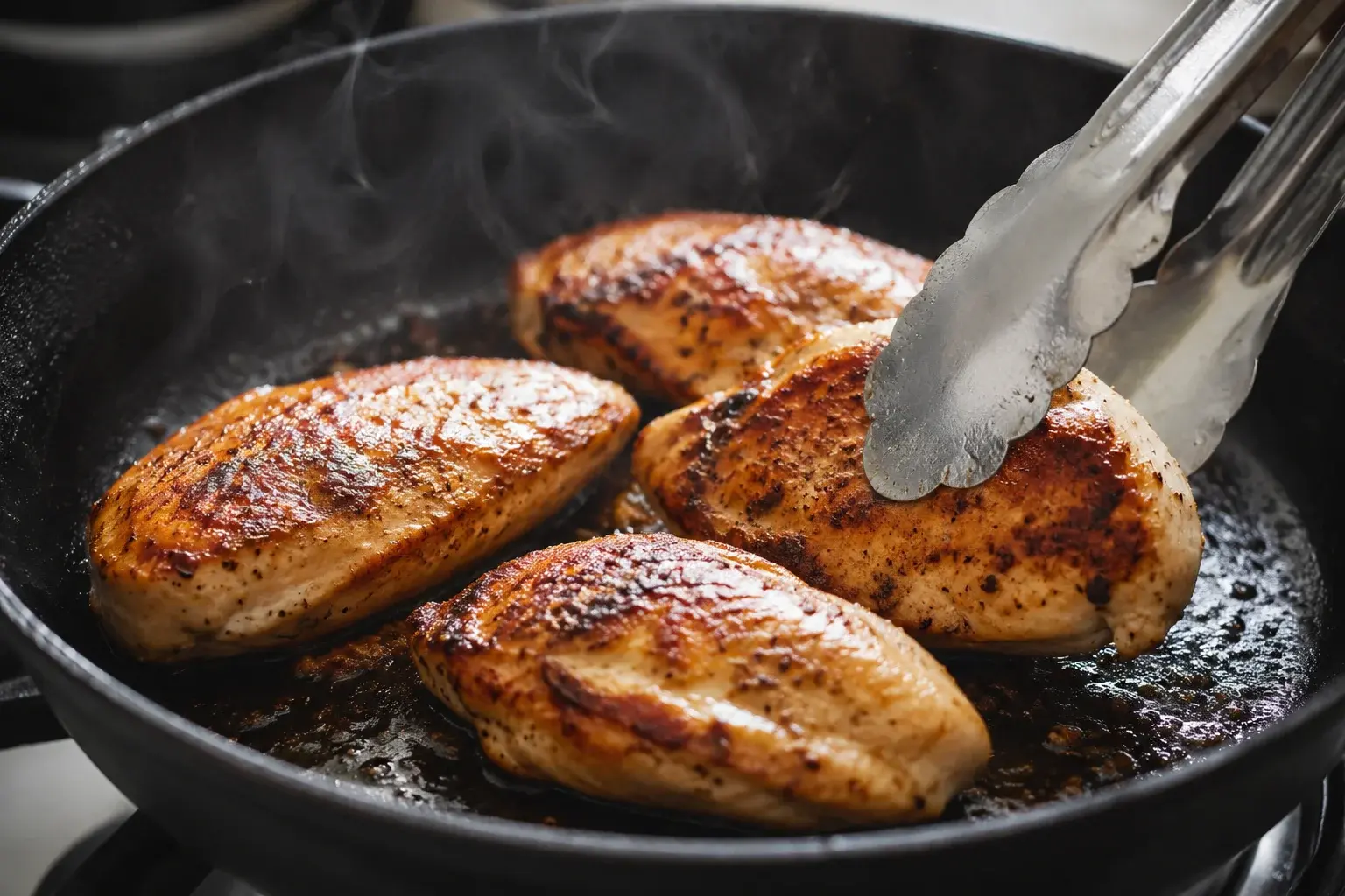 Blancs de poulet en train de dorer dans une poêle à feu vif avec marques de saisie brunes et léger filet de vapeur