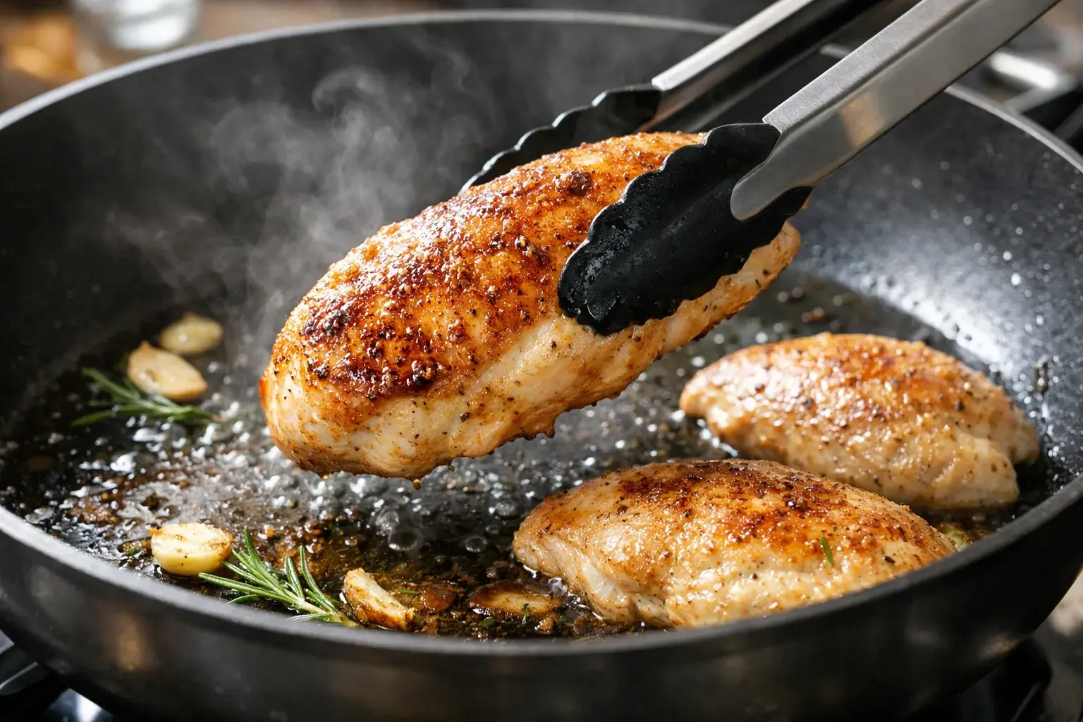 Blancs de poulet en train de dorer dans une grande poêle avec huile d'olive, belle coloration dorée visible sur la face inférieure