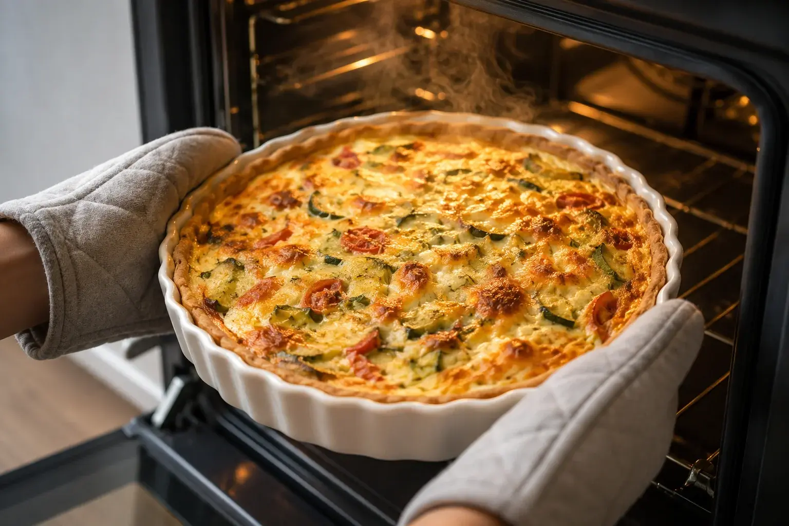 Quiche protéinée sans pâte dorée sortant du four