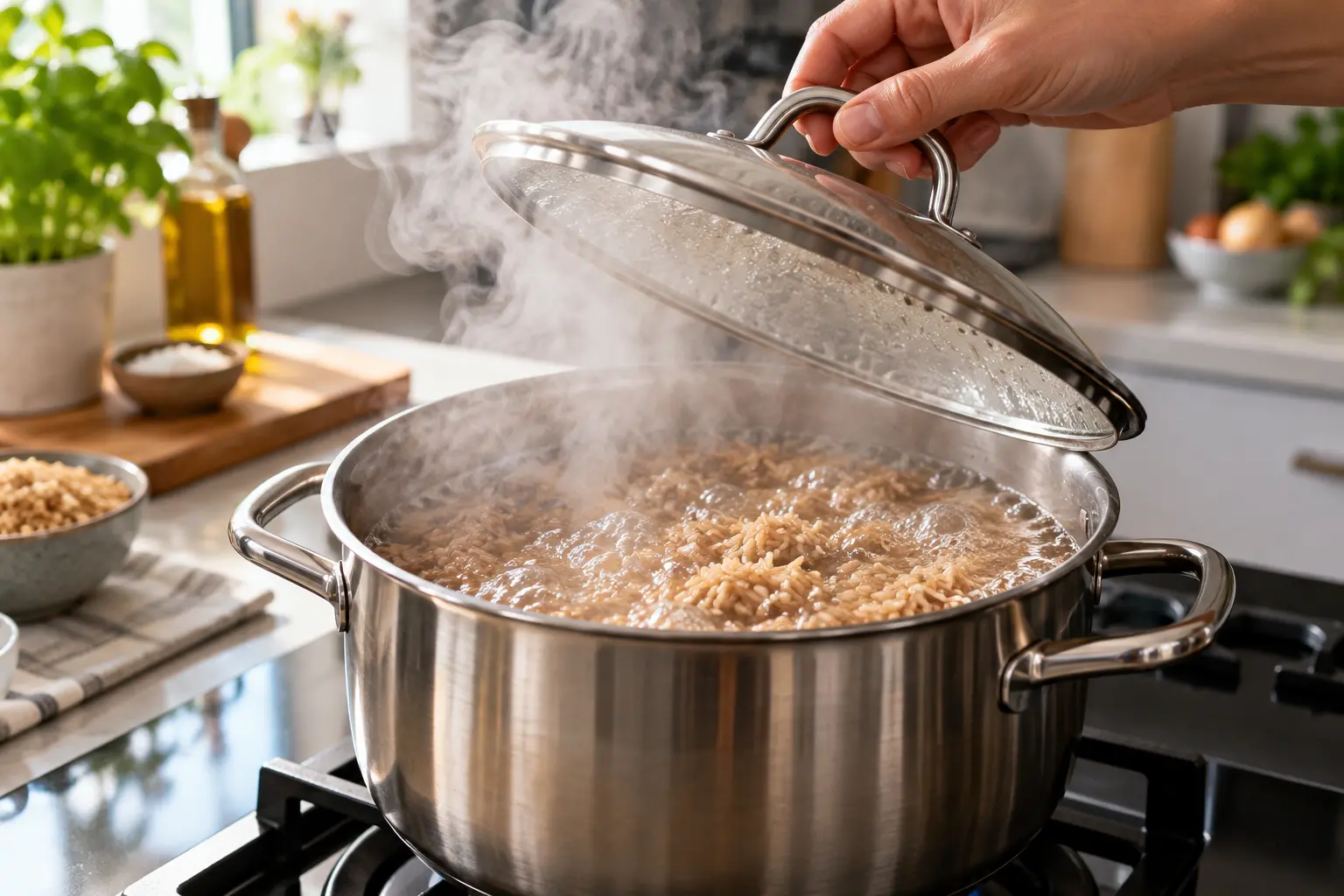 Casserole avec du riz complet en train de cuire dans de l'eau bouillante