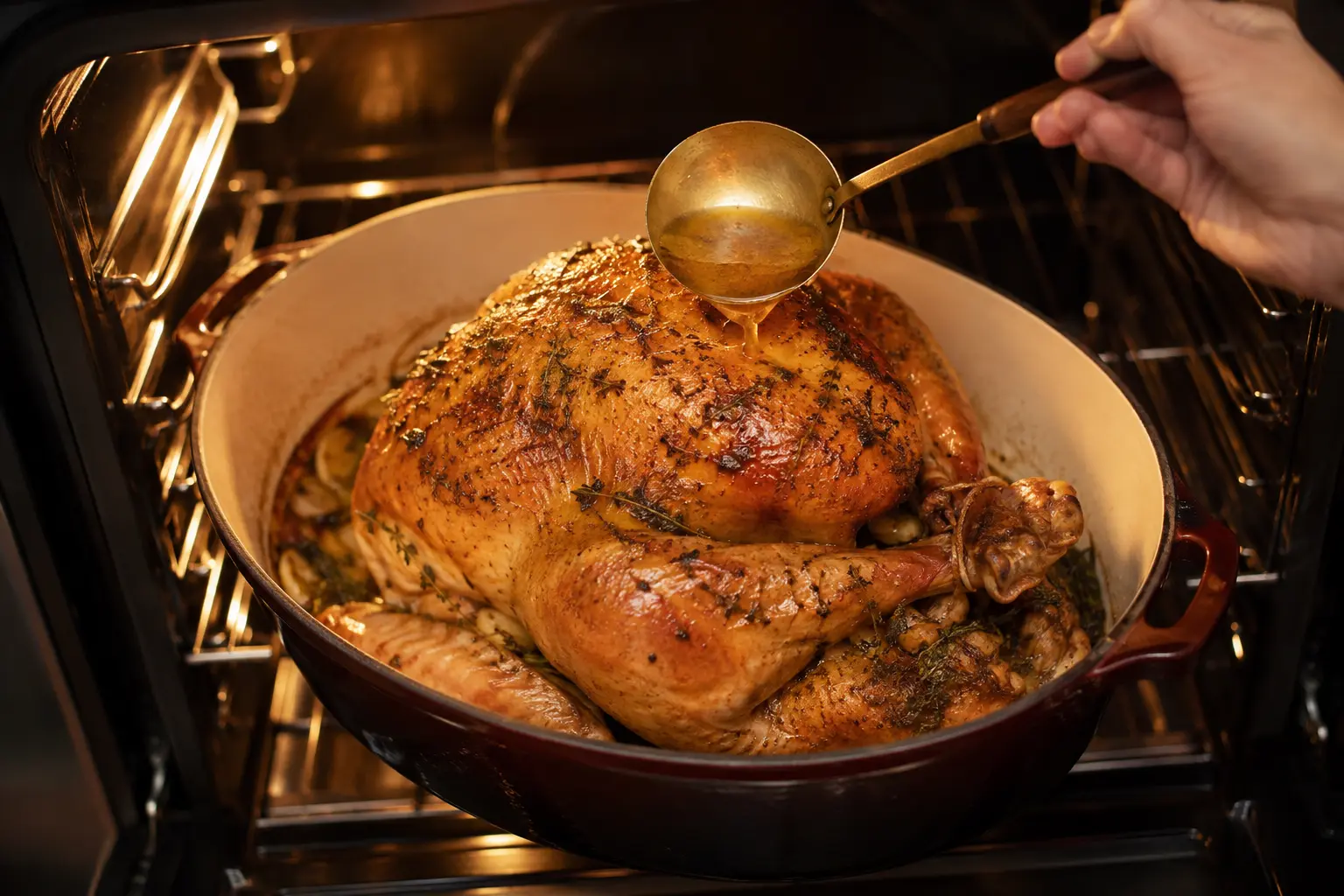 Rôti de dinde dans une cocotte au four, arrosé avec son jus de cuisson