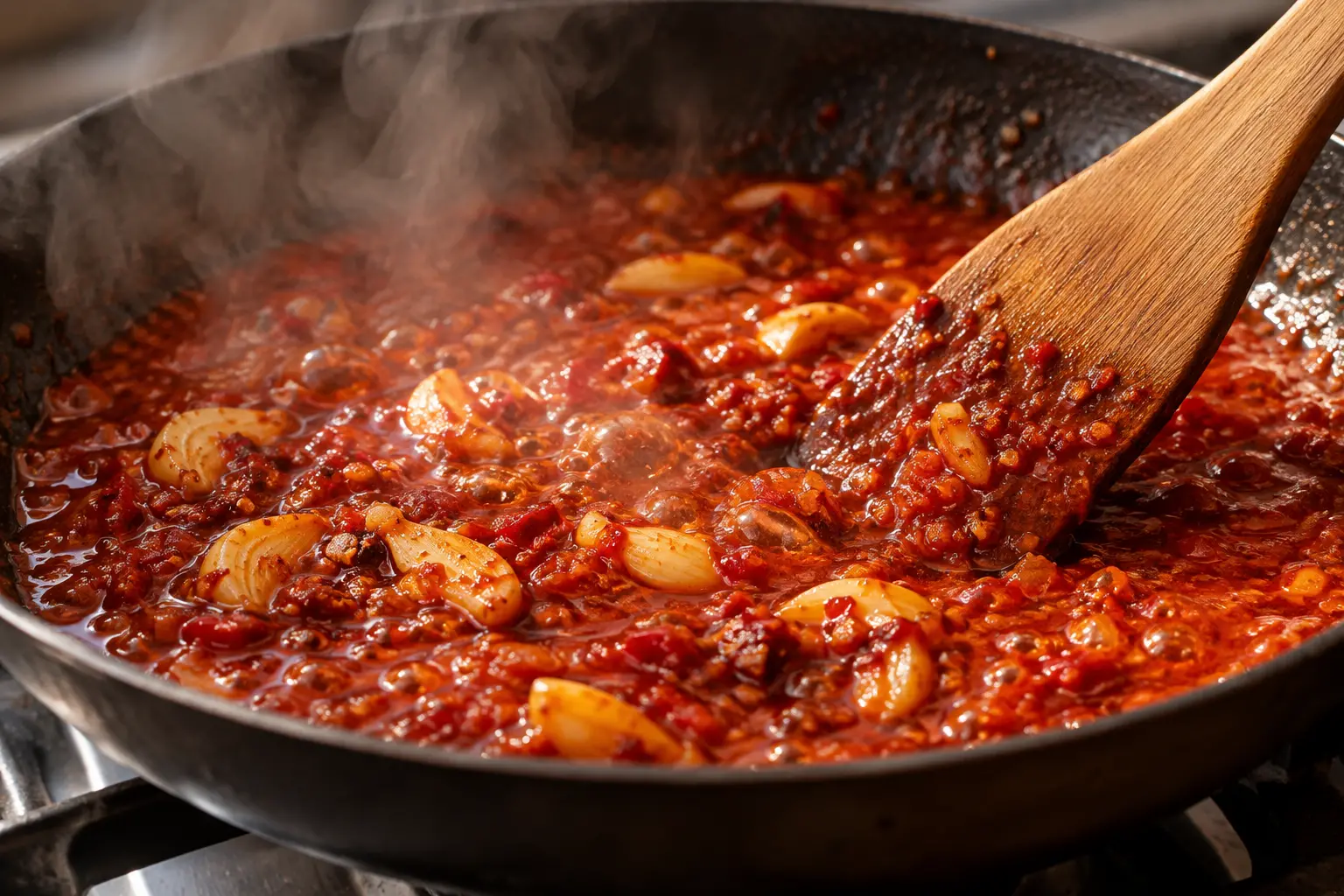Sauce piquante en train de mijoter dans la poêle avec l'ail doré