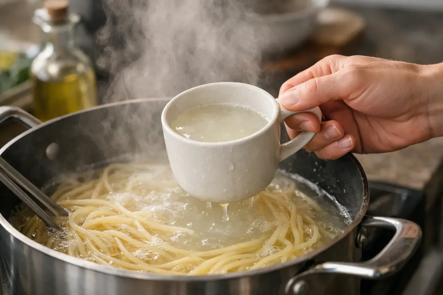 Main prélevant de l'eau de cuisson amidonnée avec une tasse depuis une casserole de spaghetti en cours de cuisson