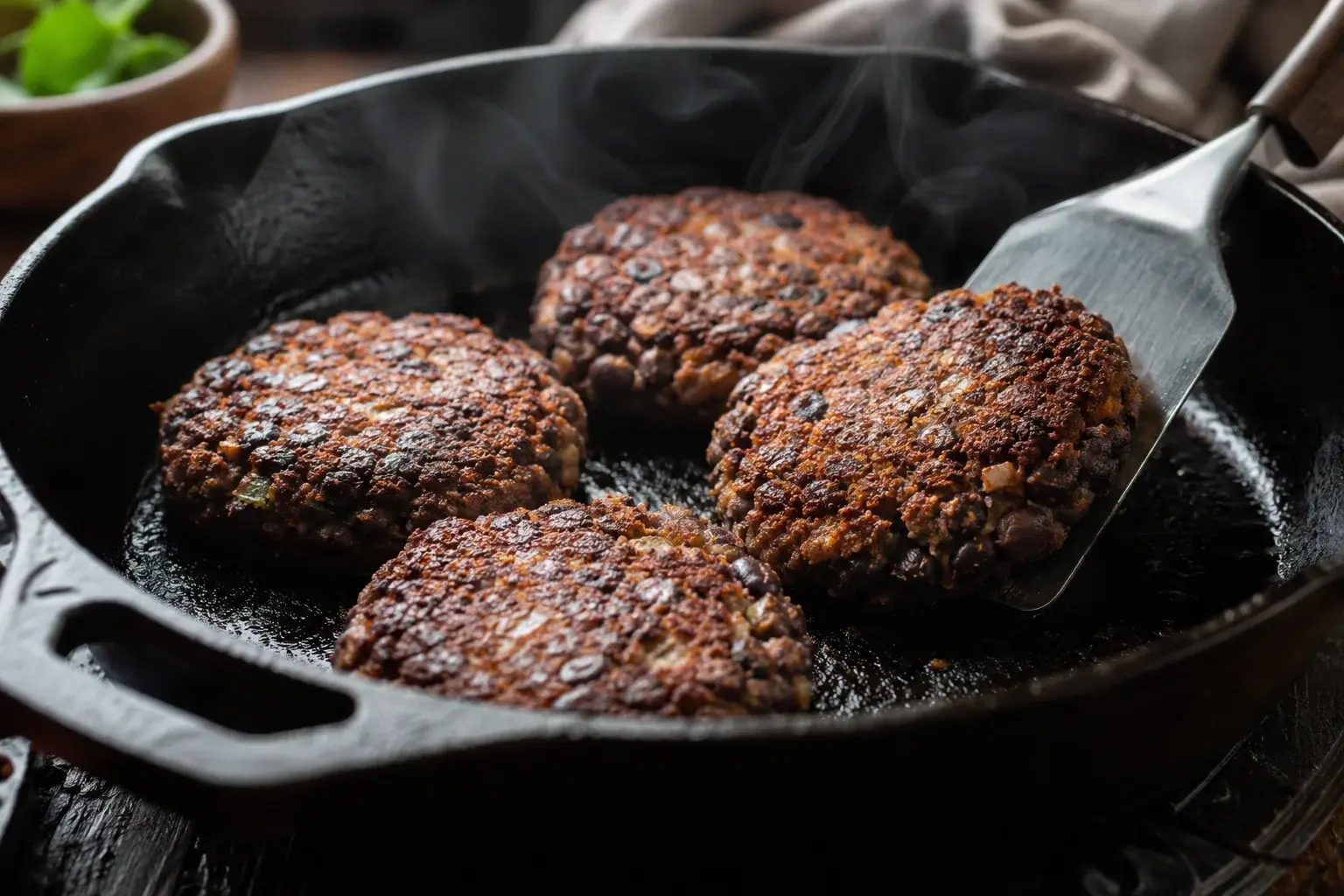 Steaks de haricots noirs en train de dorer dans une poêle avec belle croûte croustillante apparente et spatule qui retourne l'un d'eux