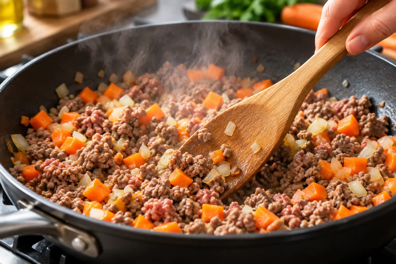 Viande hachée et légumes en train de revenir dans une poêle pour la bolognaise