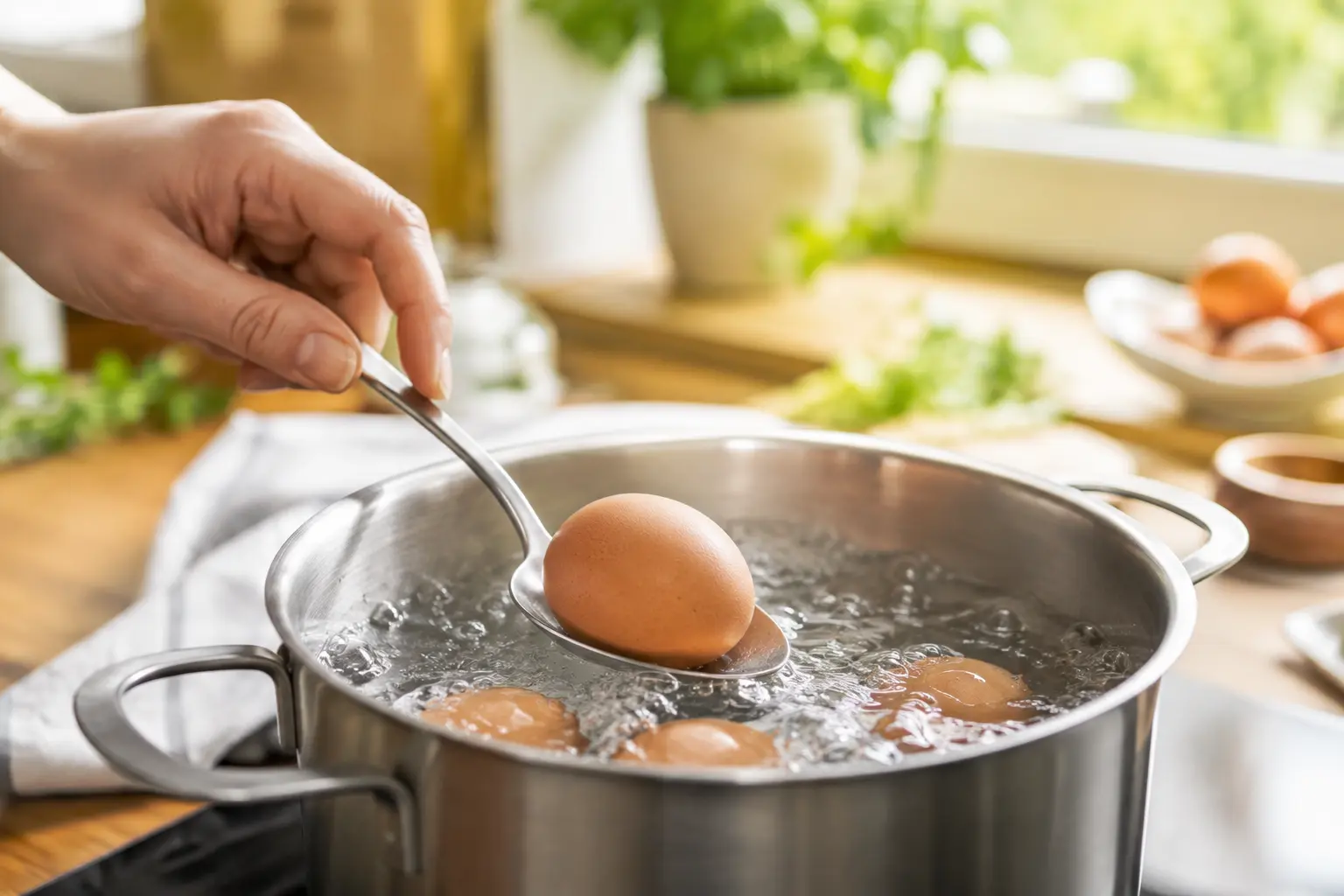 Œufs plongés dans une casserole d'eau bouillante pour une cuisson mollet