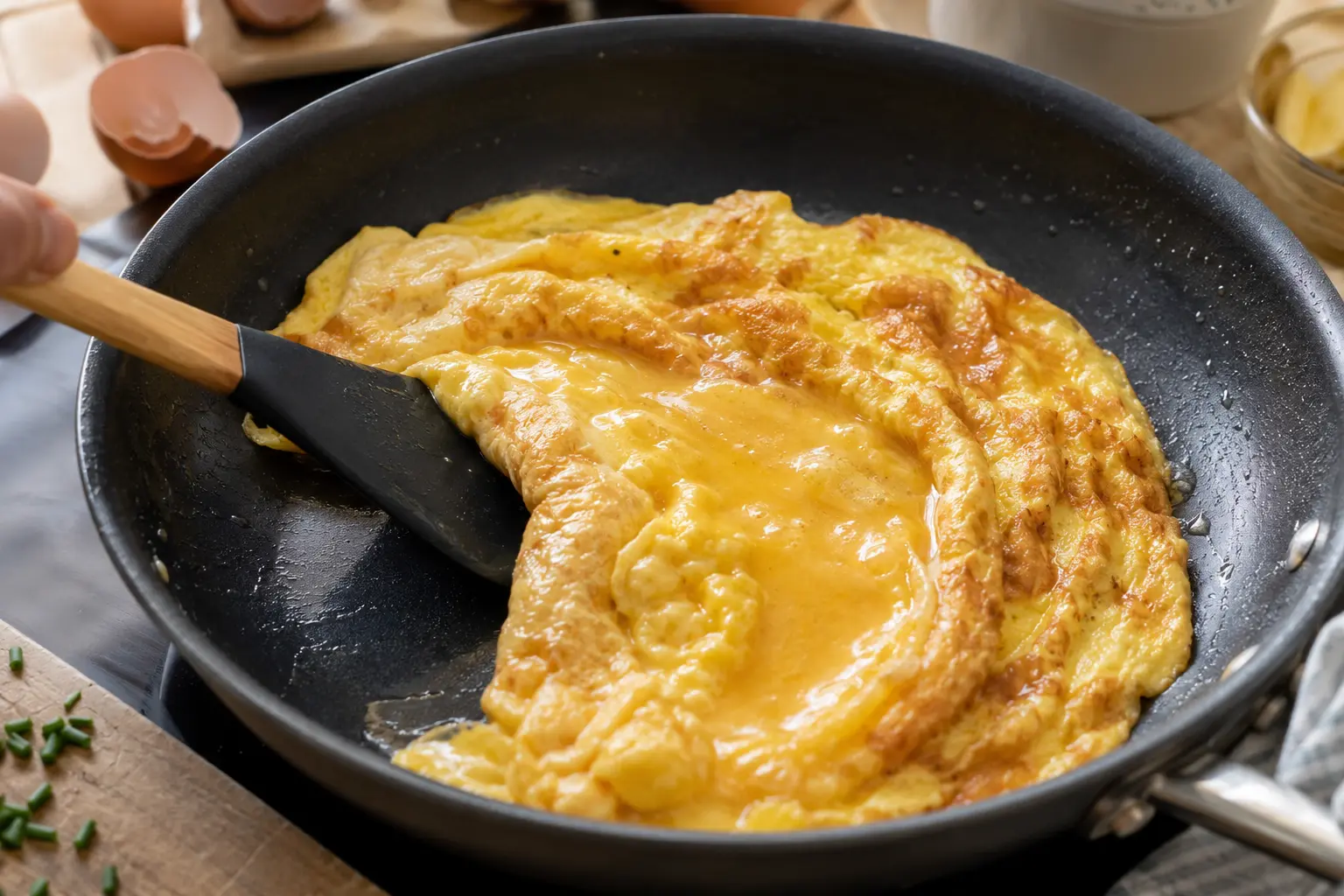 Omelette en cours de cuisson dans une poêle avec les bords ramenés vers le centre à la spatule