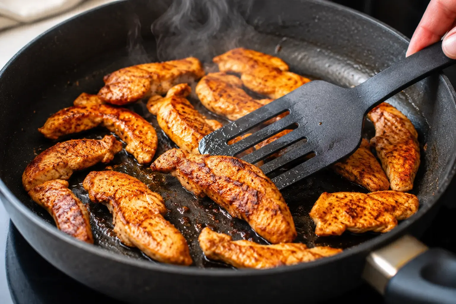 Lanières de poulet en train de dorer dans une poêle avec du paprika fumé
