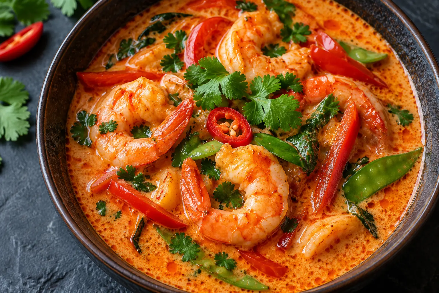 Vue rapprochée du curry de crevettes thaï montrant les crevettes roses dans la sauce coco rouge onctueuse