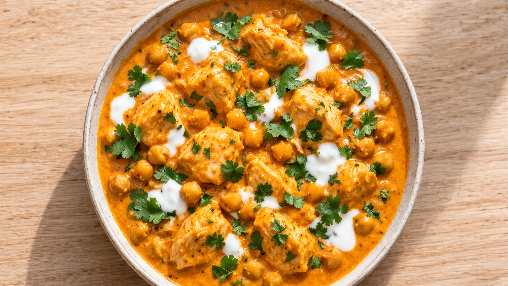 Gros plan sur les morceaux de poulet moelleux et pois chiches nappés de sauce curry orange, bol vu du dessus