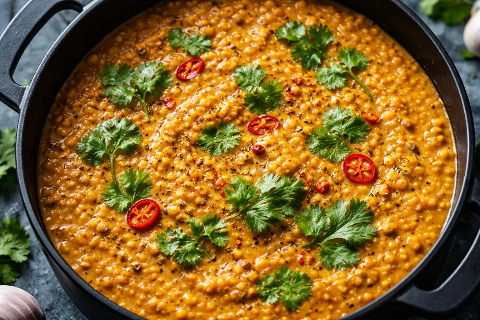 Gros plan sur la texture crémeuse du dahl de lentilles à l'indienne avec épices et coriandre en surface