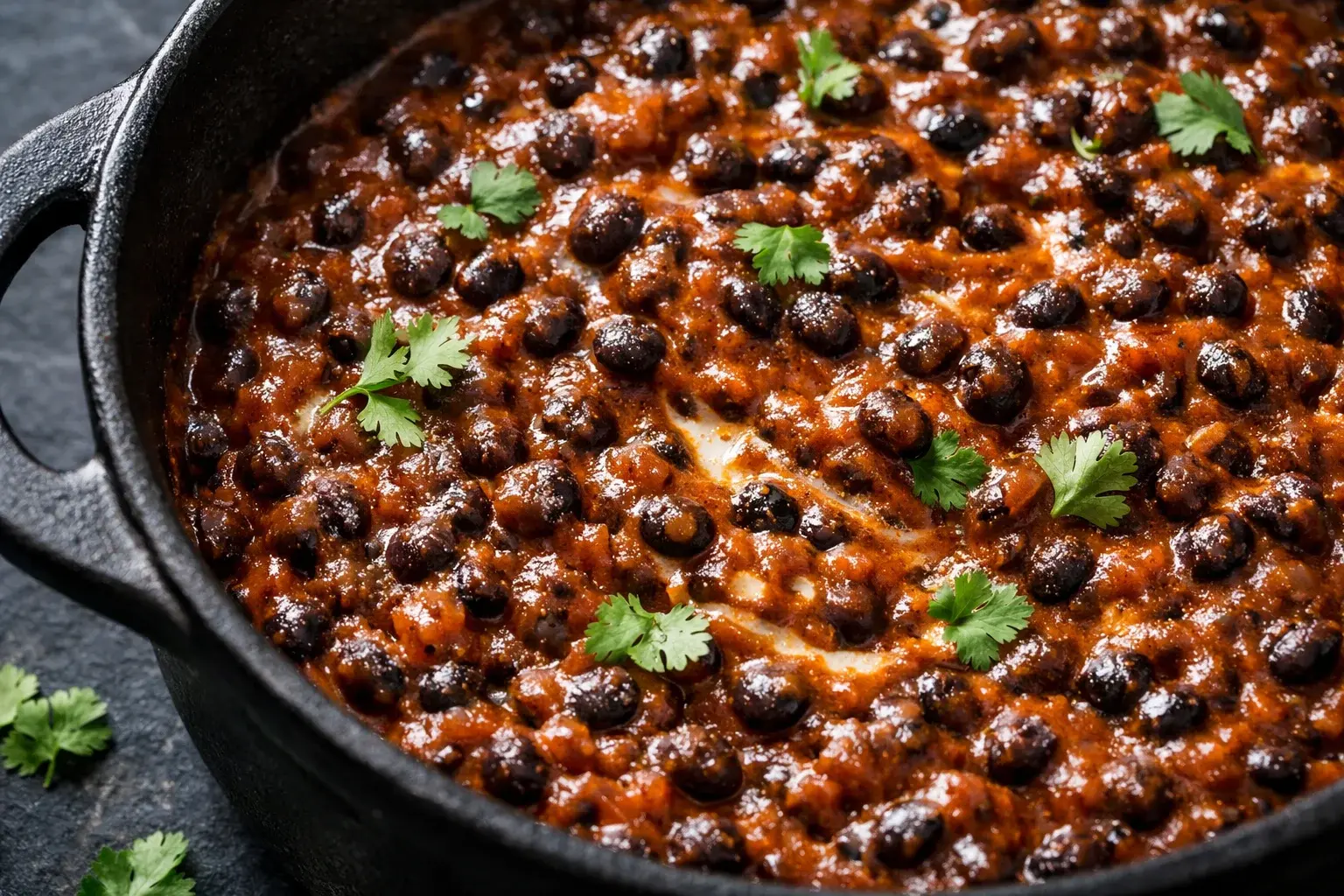 Gros plan sur la texture onctueuse du dal makhani avec lentilles noires entières visibles dans la sauce épicée rouge profond