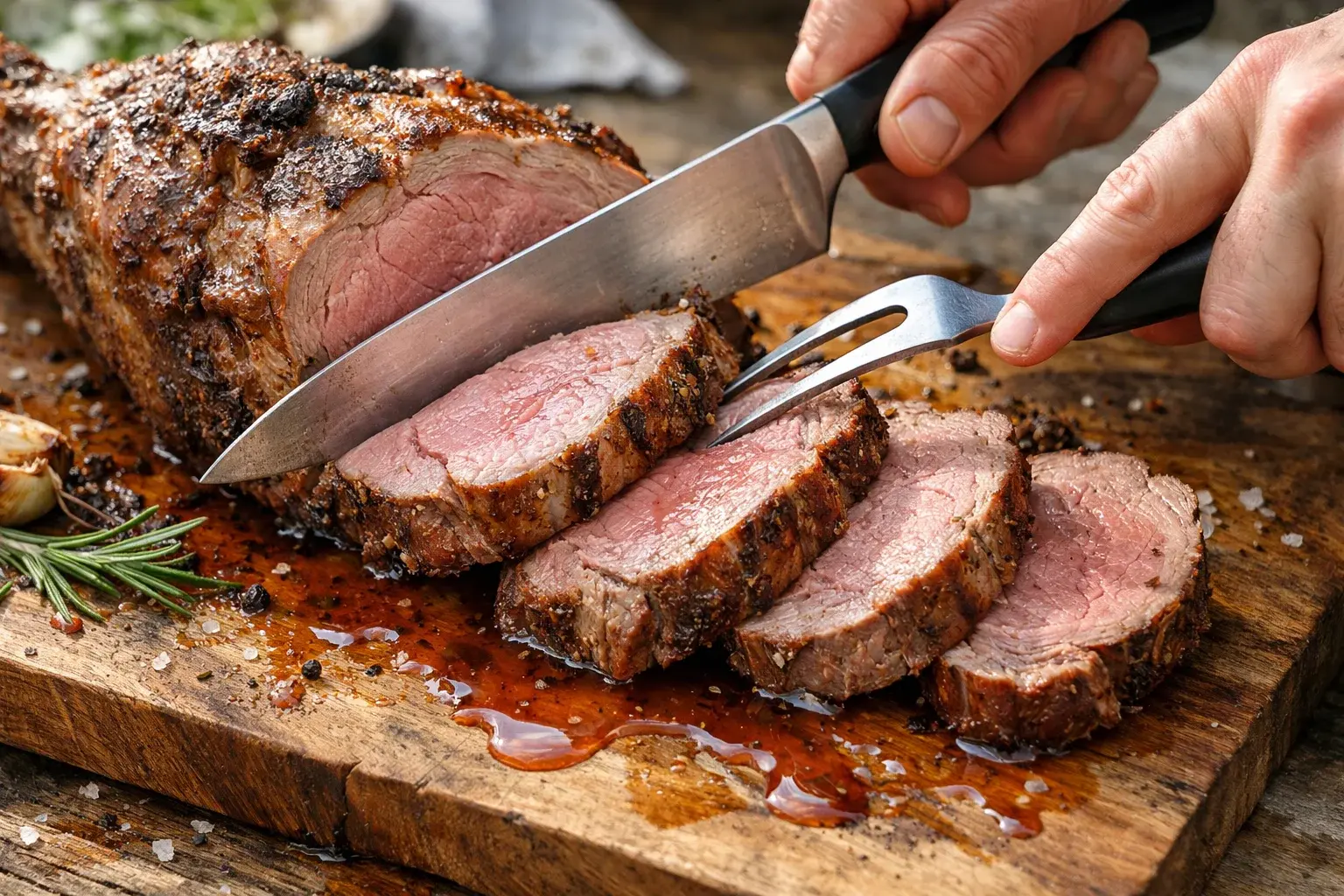 Mains découpant des tranches épaisses de gigot d'agneau rosé et fondant sur une planche en bois, jus qui coule visible