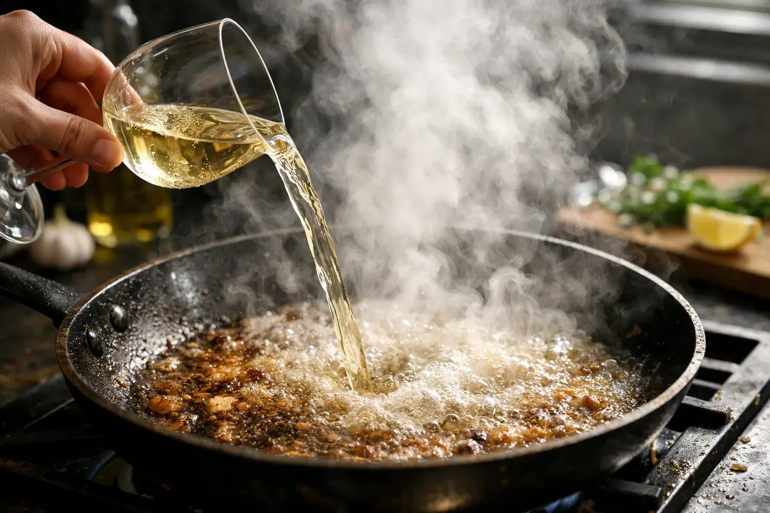 Main versant du vin blanc dans la poêle chaude pour déglacer les sucs de cuisson des escalopes, vapeur visible