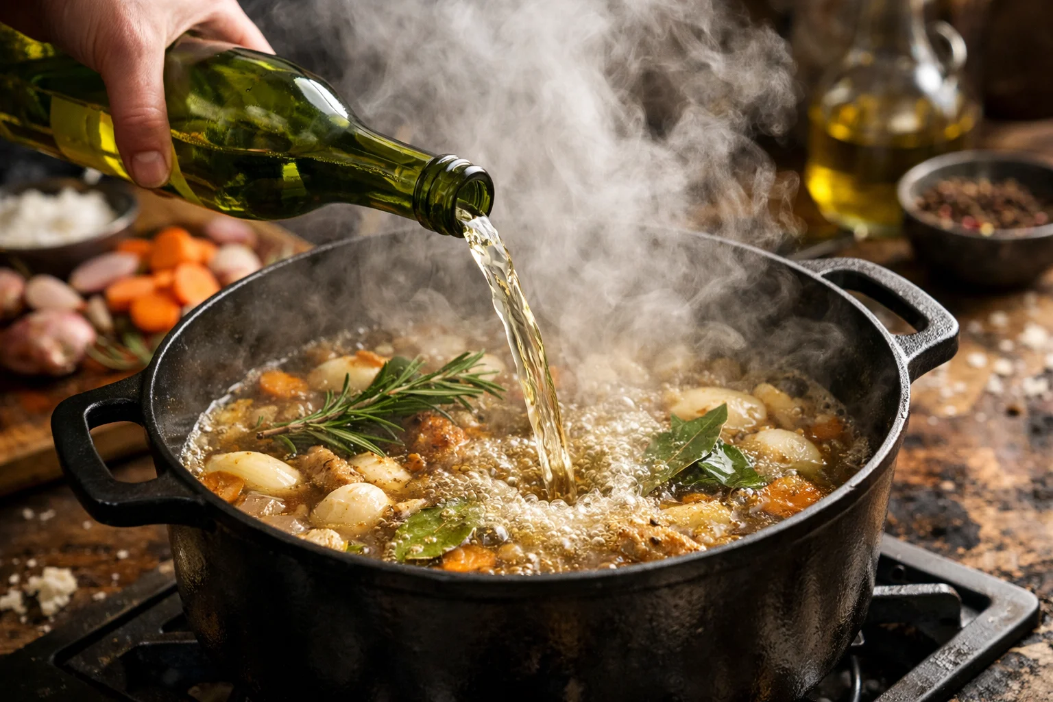 Main versant du vin blanc depuis une bouteille dans une cocotte fumante avec les aromates, vapeur et bouillonnement visible