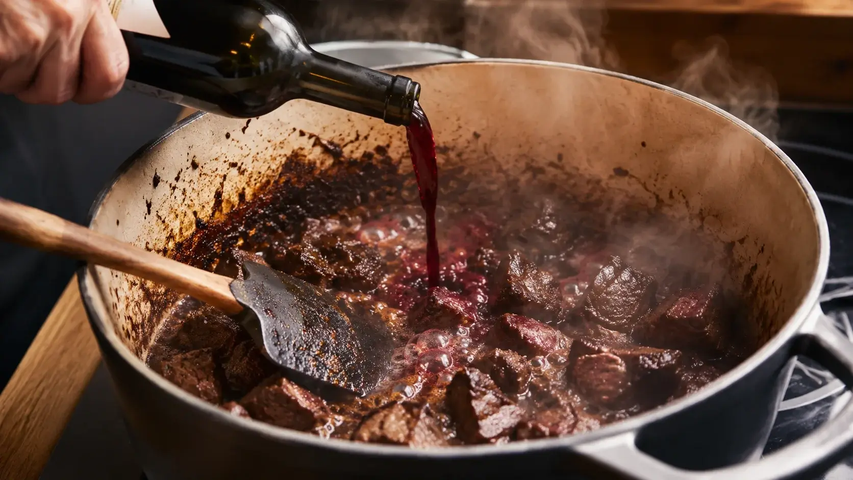 Main versant du vin rouge dans la cocotte de bœuf, spatule grattant les sucs caramélisés du fond, grande vapeur et bouillonnement visible