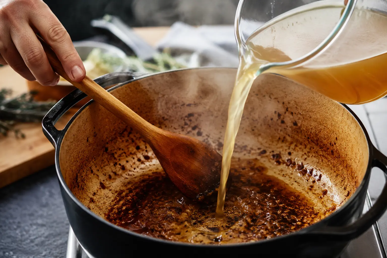 Cuillère en bois grattant les sucs de cuisson dans une cocotte avec du bouillon