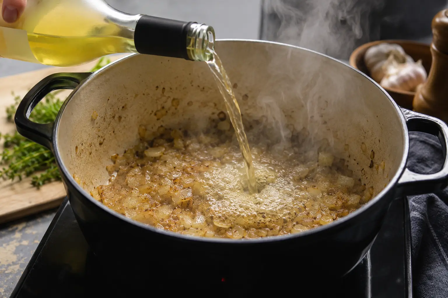 Vin blanc versé dans la cocotte pour déglacer, avec de la vapeur qui s'élève