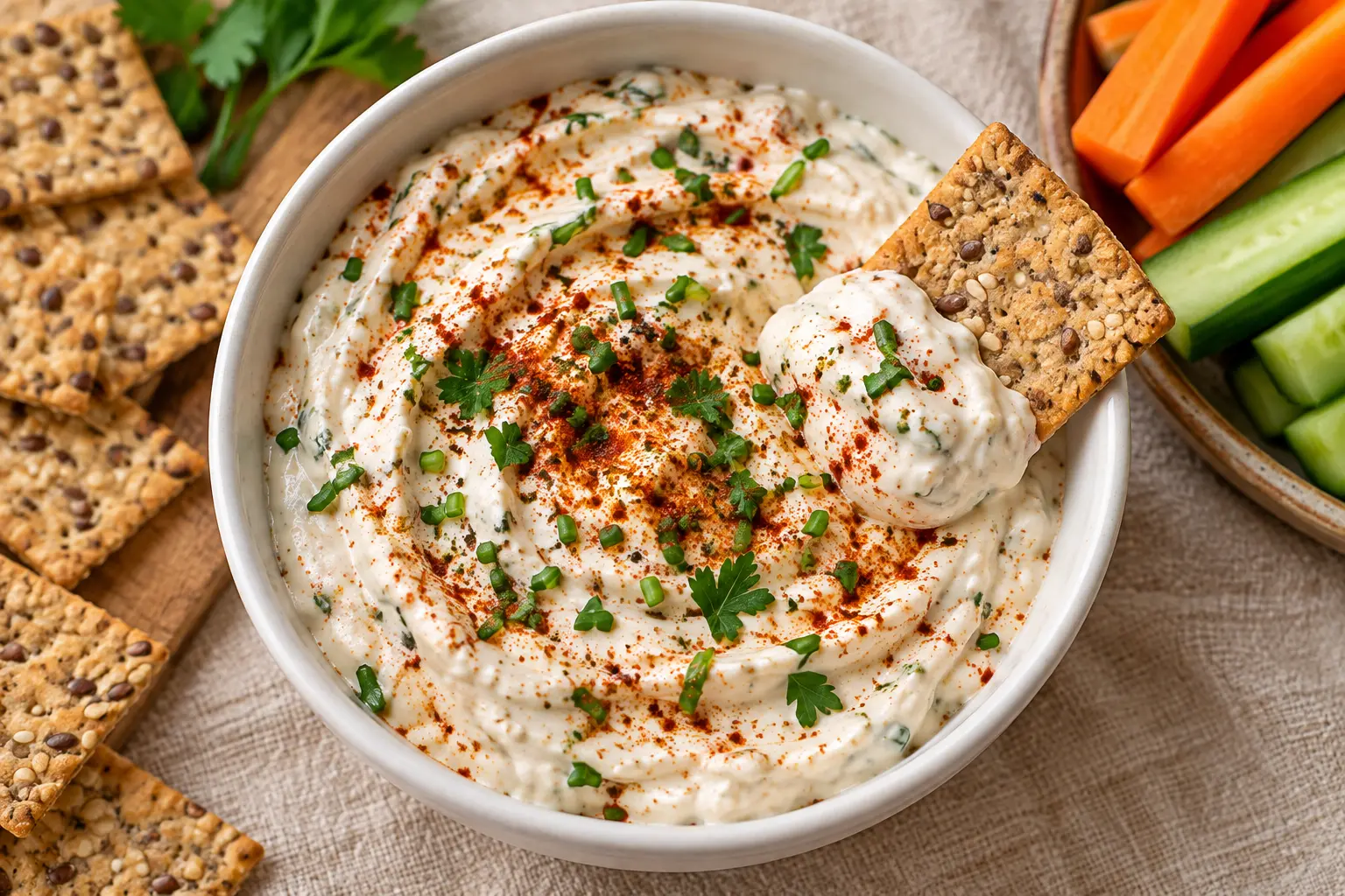 Bol de dip de fromage blanc épicé vu de dessus avec paprika et herbes fraîches
