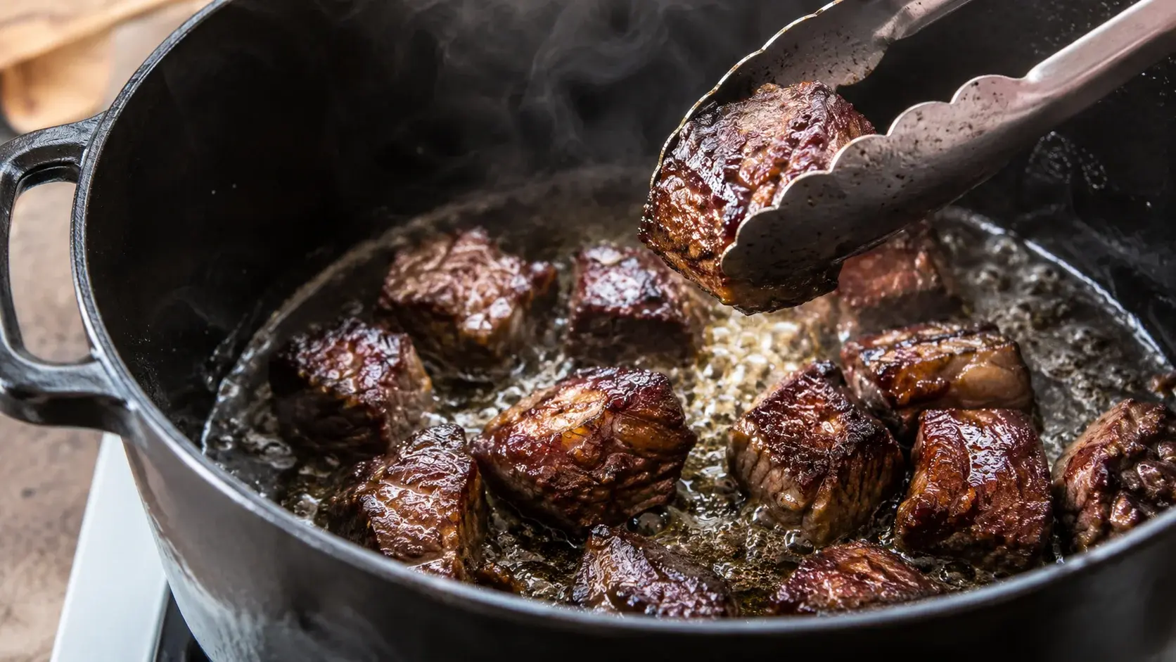 Cubes de paleron de bœuf en train de dorer à feu très vif dans une cocotte en fonte, belle croûte brune profonde visible sur les faces