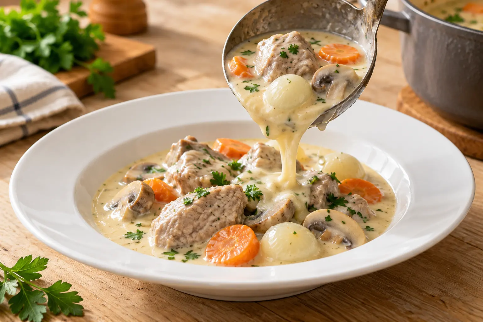 Blanquette de veau allégée dressée dans une assiette creuse avec sauce onctueuse