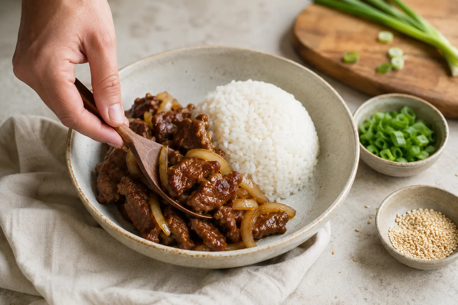 Bœuf sauté aux oignons et gingembre dressé dans un bol avec oignons verts et sésame