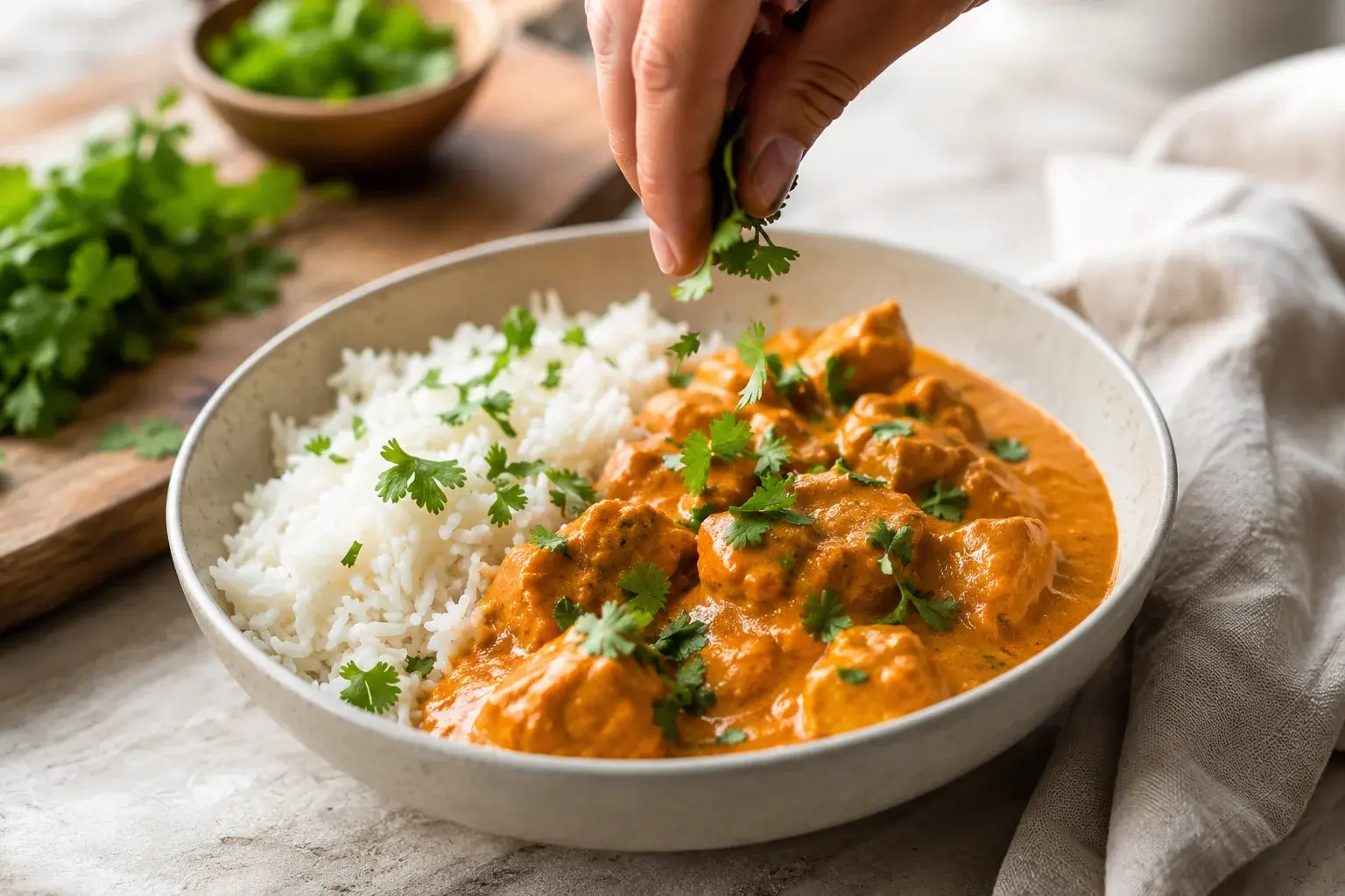 Butter chicken allégé dressé dans un bol avec coriandre et riz