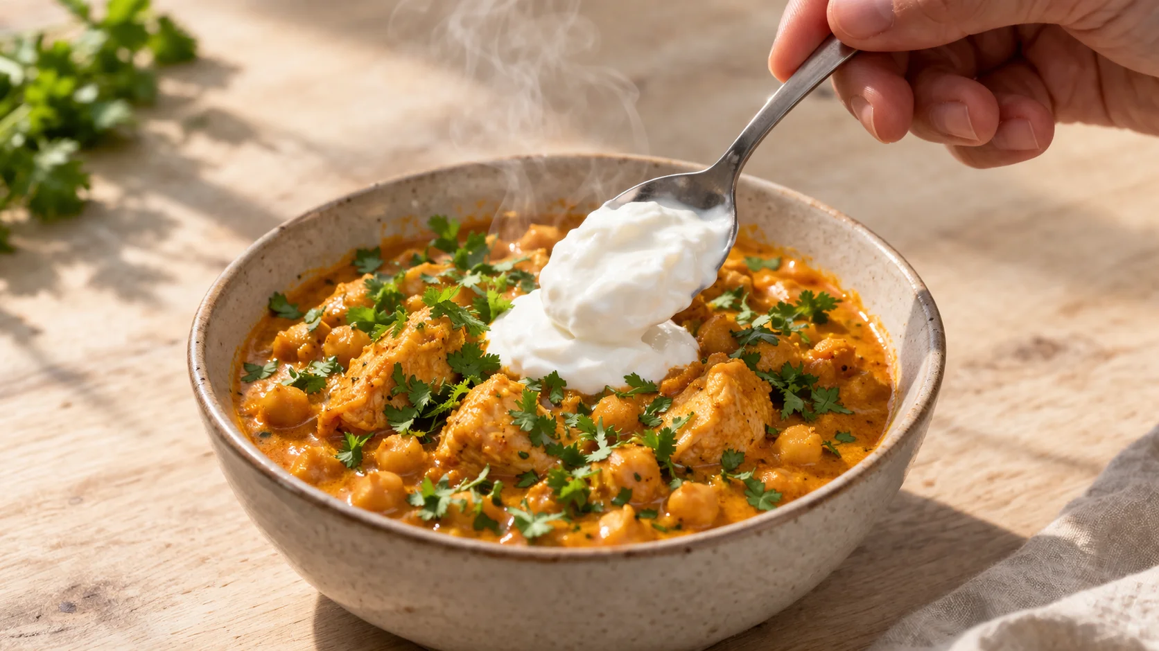 Bol de curry de poulet aux pois chiches dans une sauce orange crémeuse, coriandre fraîche et cuillerée de yaourt grec blanc sur le dessus, fond bois clair