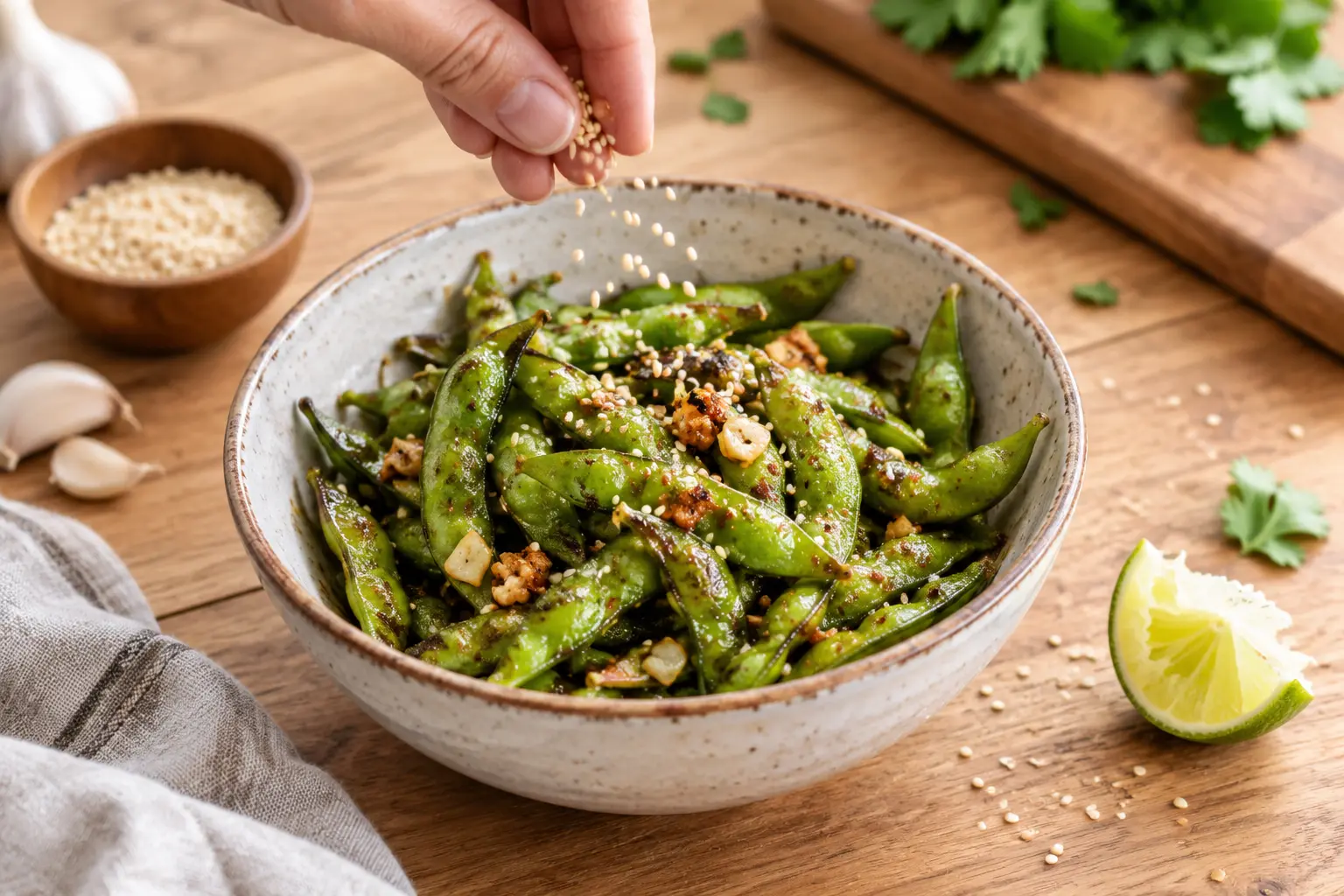 Edamame sauté à l'ail servi dans un bol, garni de sésame et citron vert