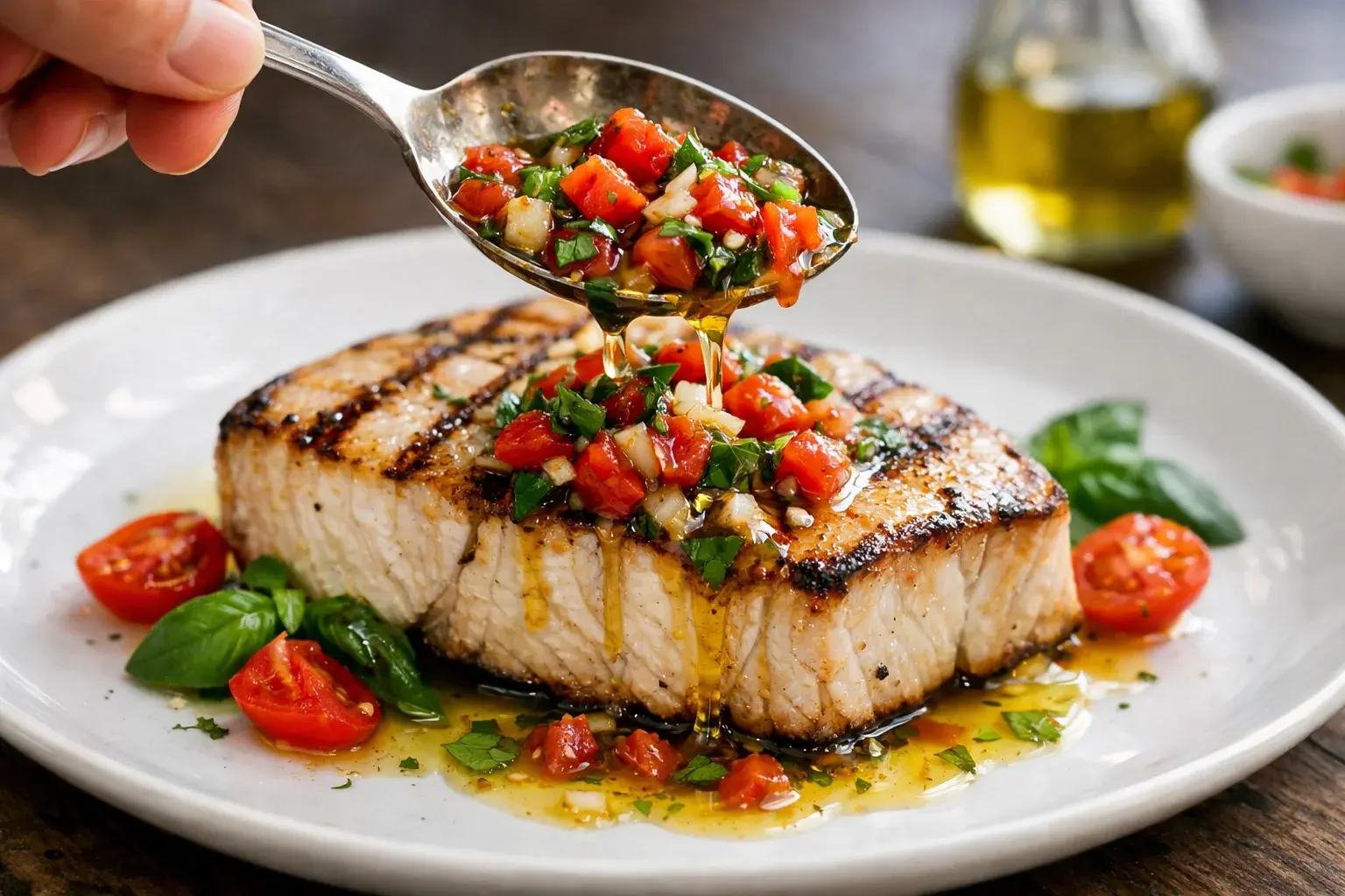 Main versant la sauce vierge colorée tomates-basilic sur un pavé d'espadon grillé doré dans une assiette blanche, sauce qui coule sur les côtés