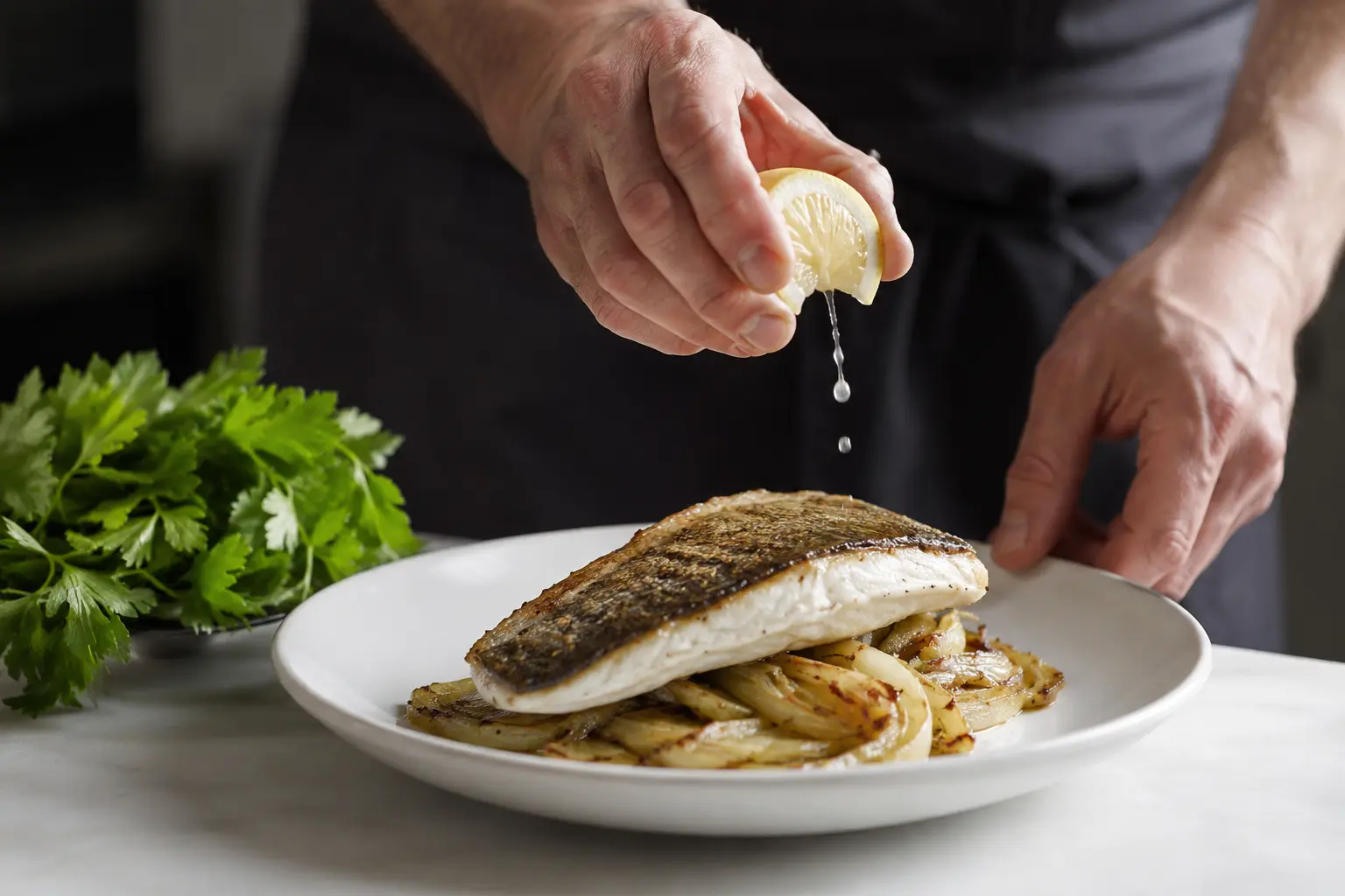 Assiette dressée avec filet de bar grillé posé sur du fenouil caramélisé, citron et persil frais