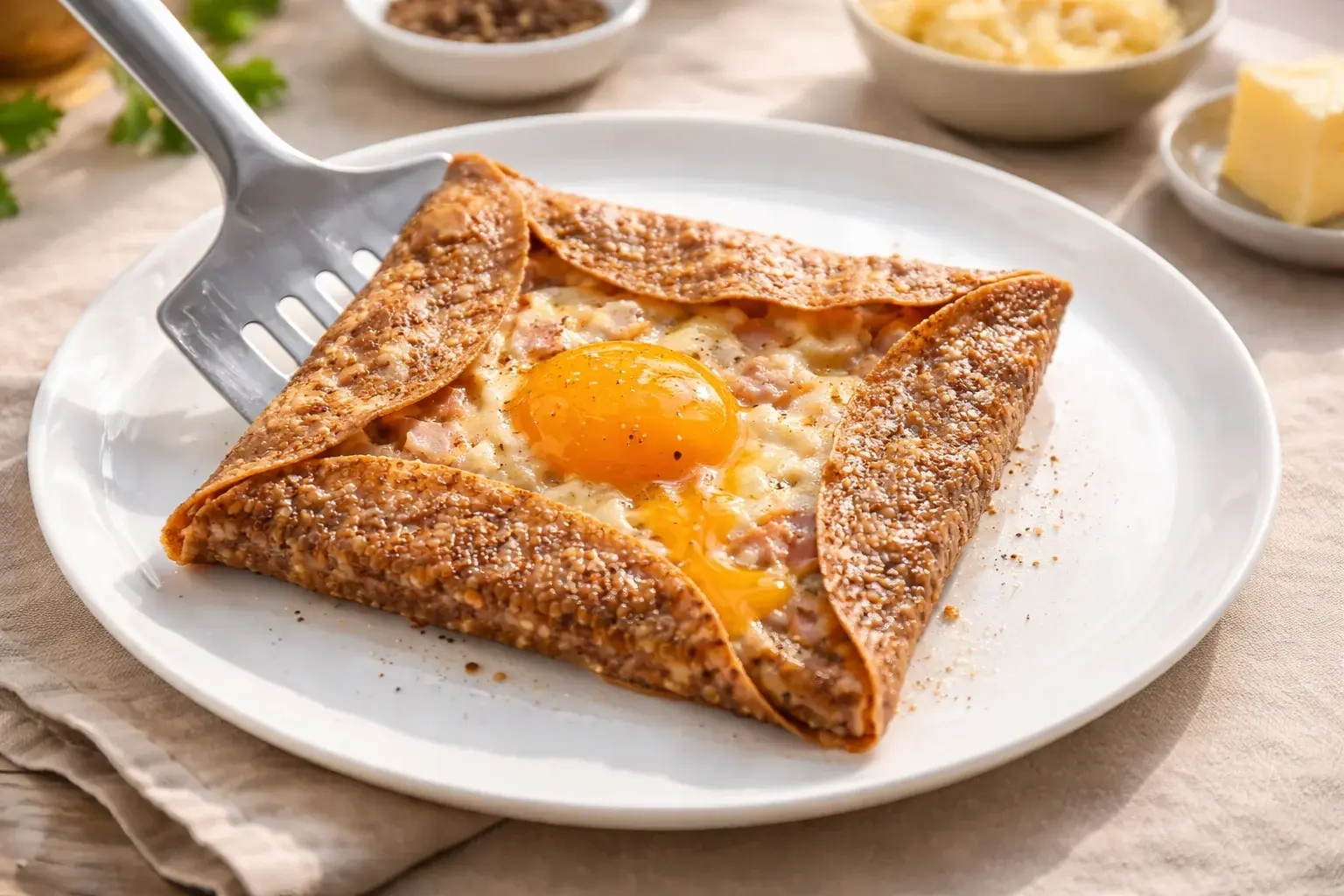 Spatule large faisant glisser une galette de sarrasin pliée en carré doré et croustillant dans une assiette blanche, jaune d'oeuf coulant orangé visible au centre, fromage fondu brillant, fond lin beige