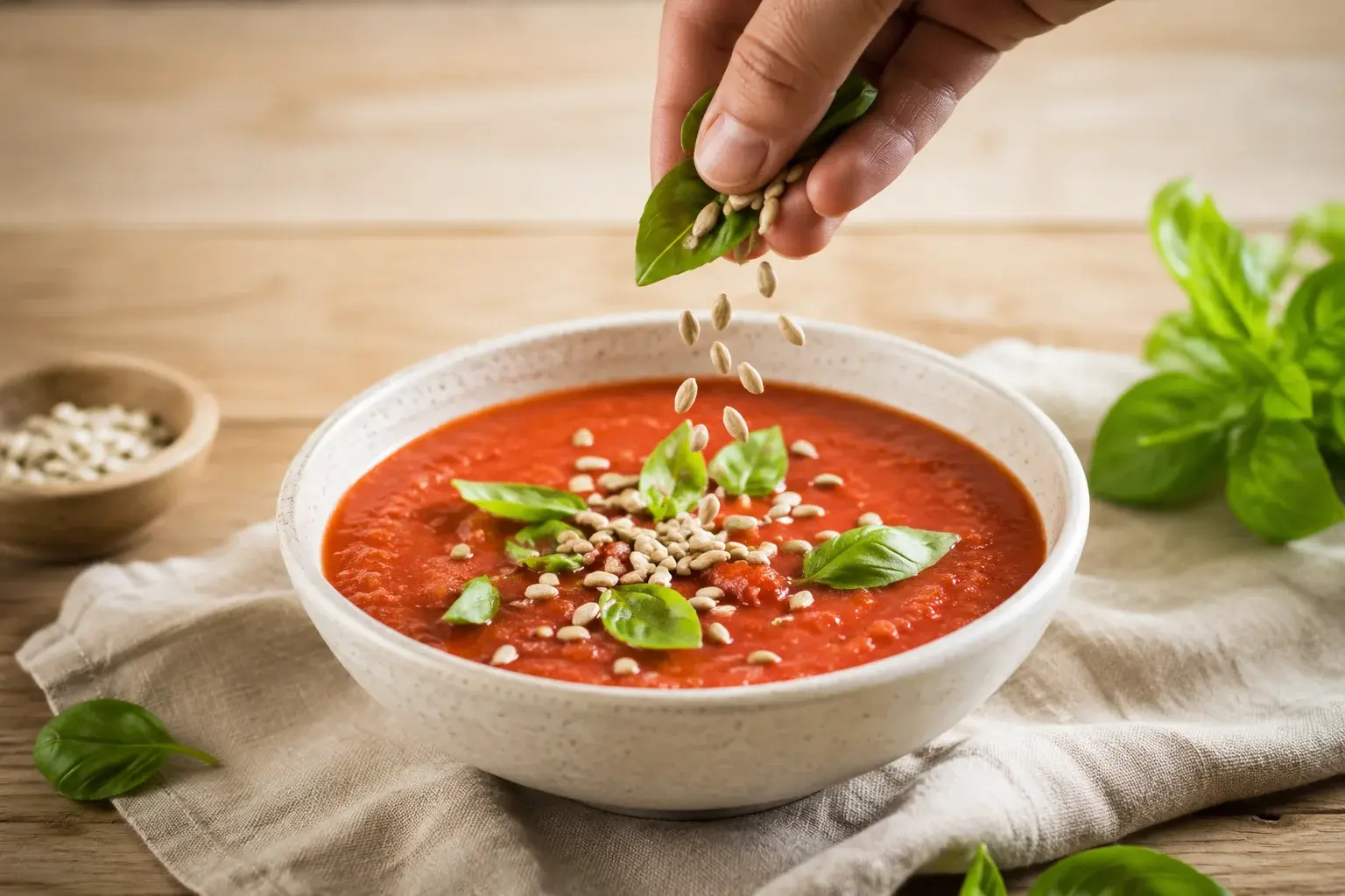 Main déposant des graines de tournesol et du basilic sur un bol de gaspacho