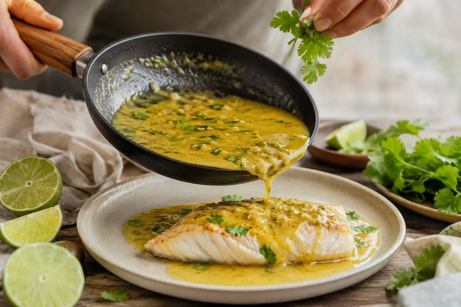 Dressage du lieu noir sauce curry dans une assiette avec de la coriandre fraîche parsemée