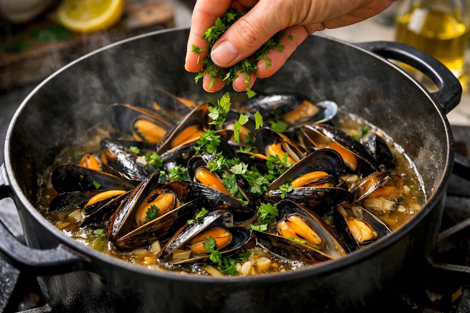 Main parsemant du persil haché sur des moules ouvertes dans leur bouillon doré dans une grande cocotte fumante