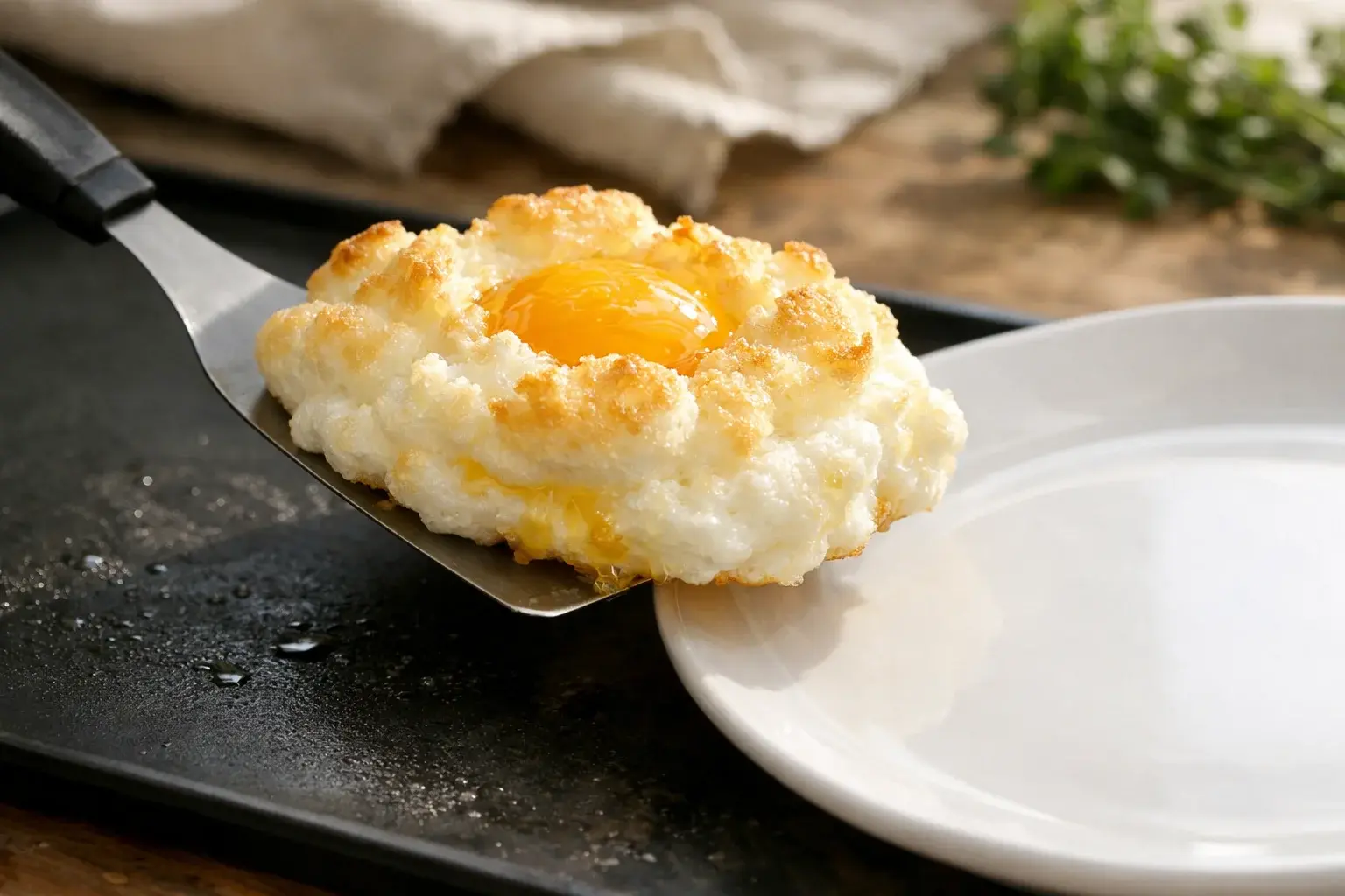 Spatule fine glissant sous un œuf nuage doré pour le déposer délicatement sur une assiette blanche, jaune coulant visible