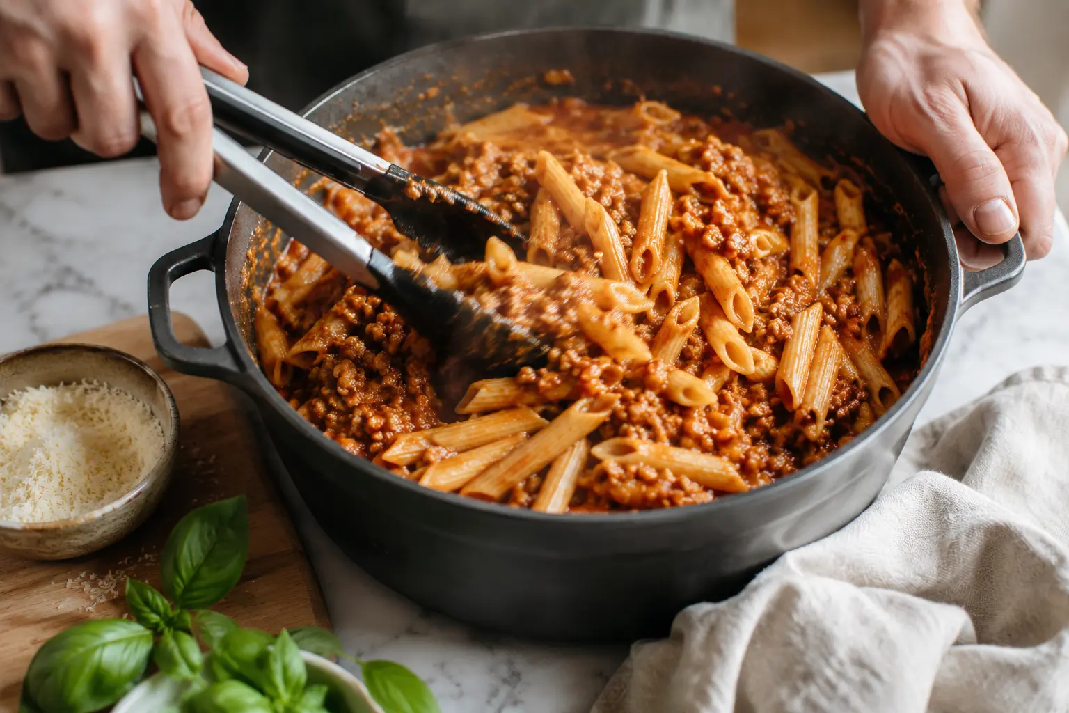 Pâtes complètes mélangées à la sauce bolognaise protéinée, garnies de parmesan et basilic